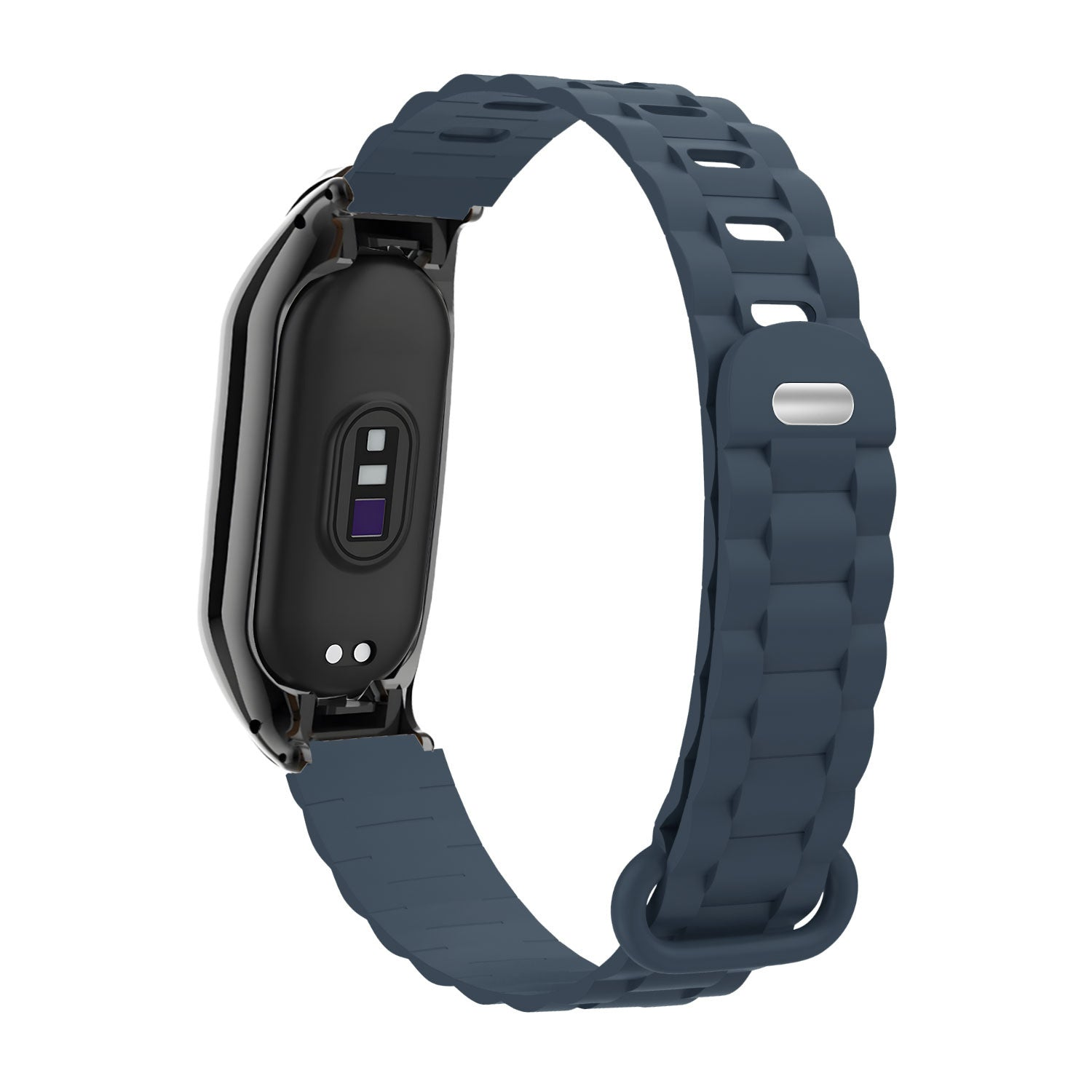 Eine blaue Smartwatch mit schwarzem Bildschirm wird gezeigt. Das Armband ist mit dem Bildschirm verbunden. Der Hintergrund ist weiß.