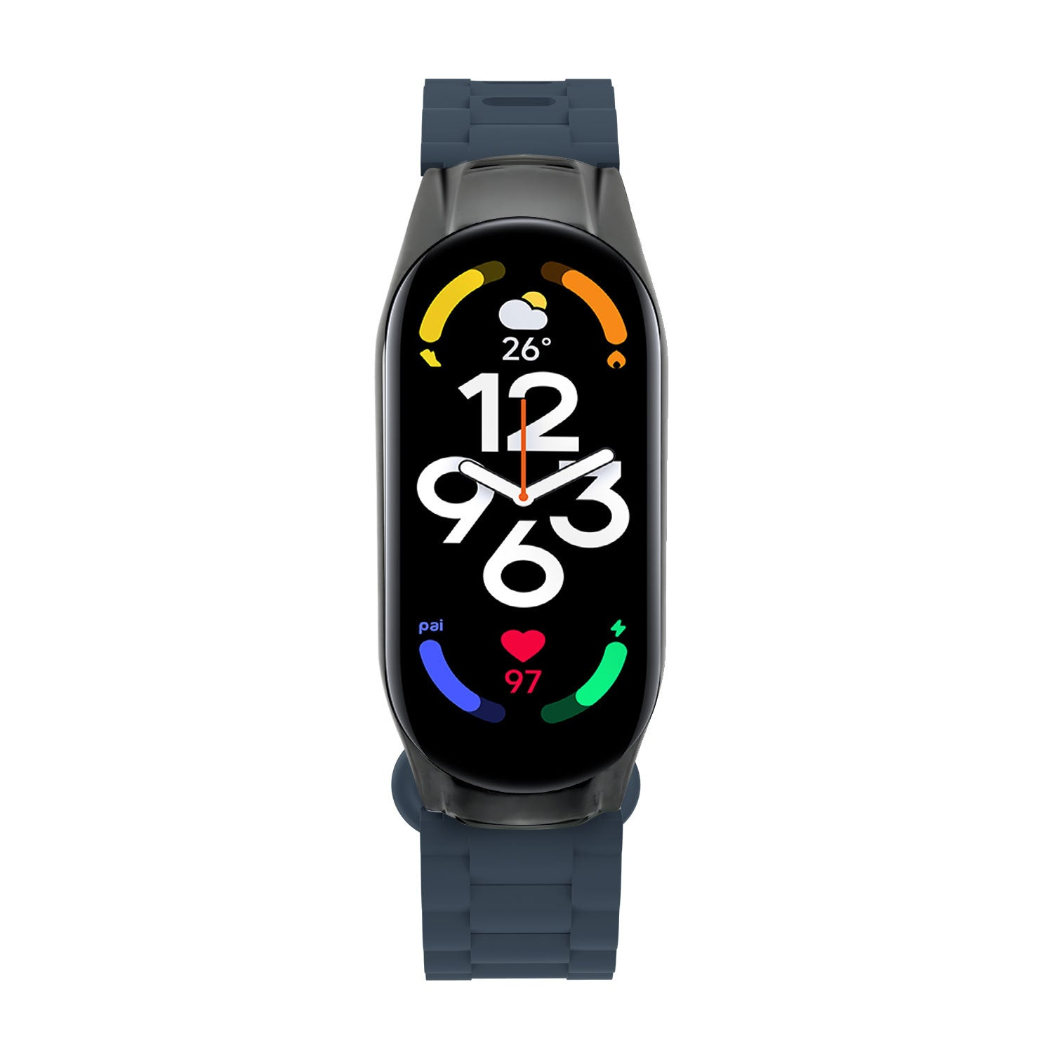 Smartwatch mit schwarzem Bildschirm, der Zeit, Temperatur und Gesundheitsdaten anzeigt. Sie hat ein blaues Armband und ist vor weißem Hintergrund.