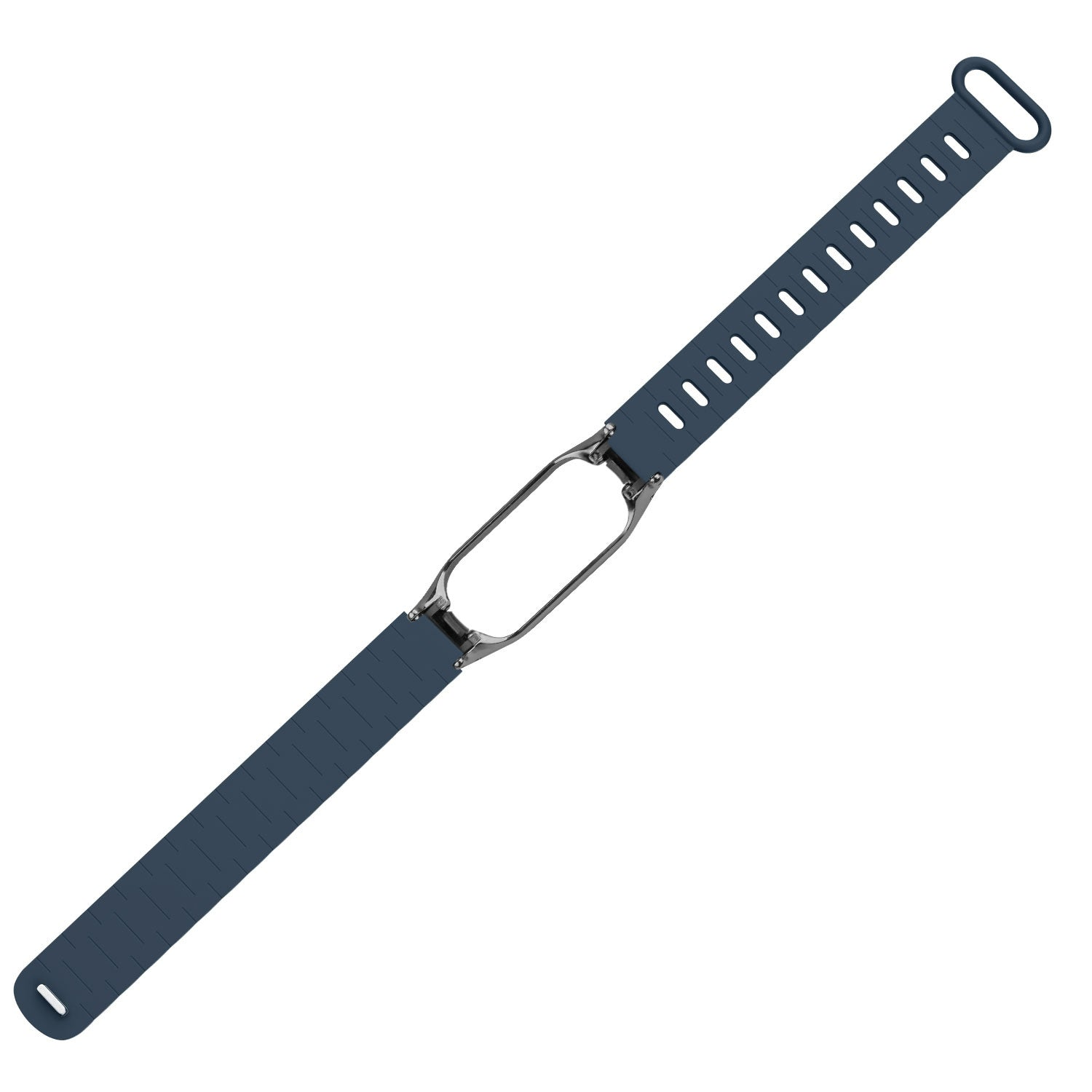 Dunkelblaues Smartwatch-Armband mit Metallverschluss. Das Band ist angewinkelt und zeigt den Riemen mit Löchern und einer Schlaufe. Der Hintergrund ist weiß.