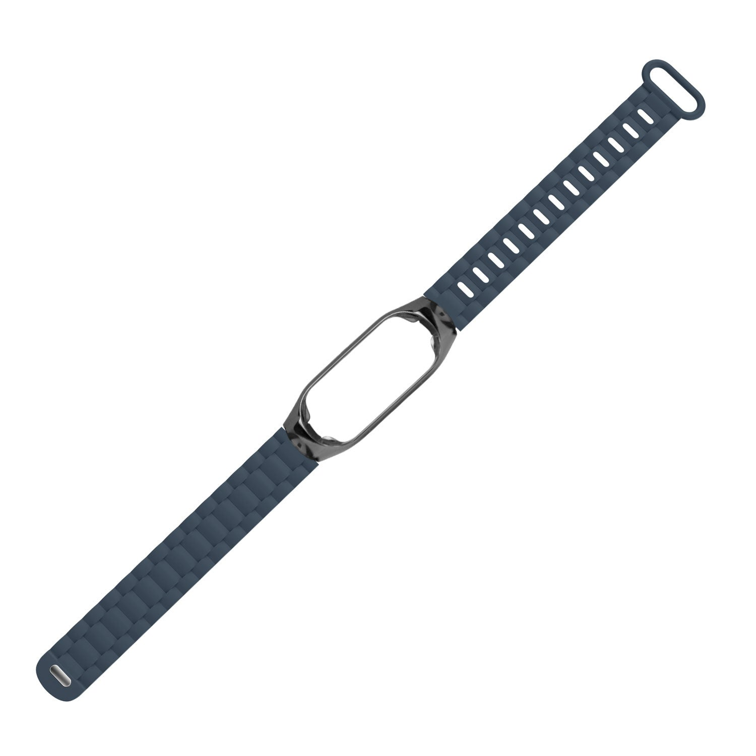 Ein blaues Smartwatch-Armband mit einem dunklen Metallrahmen. Das Armband hat ein gewebtes Muster und eine Schnalle. Weißer Hintergrund.