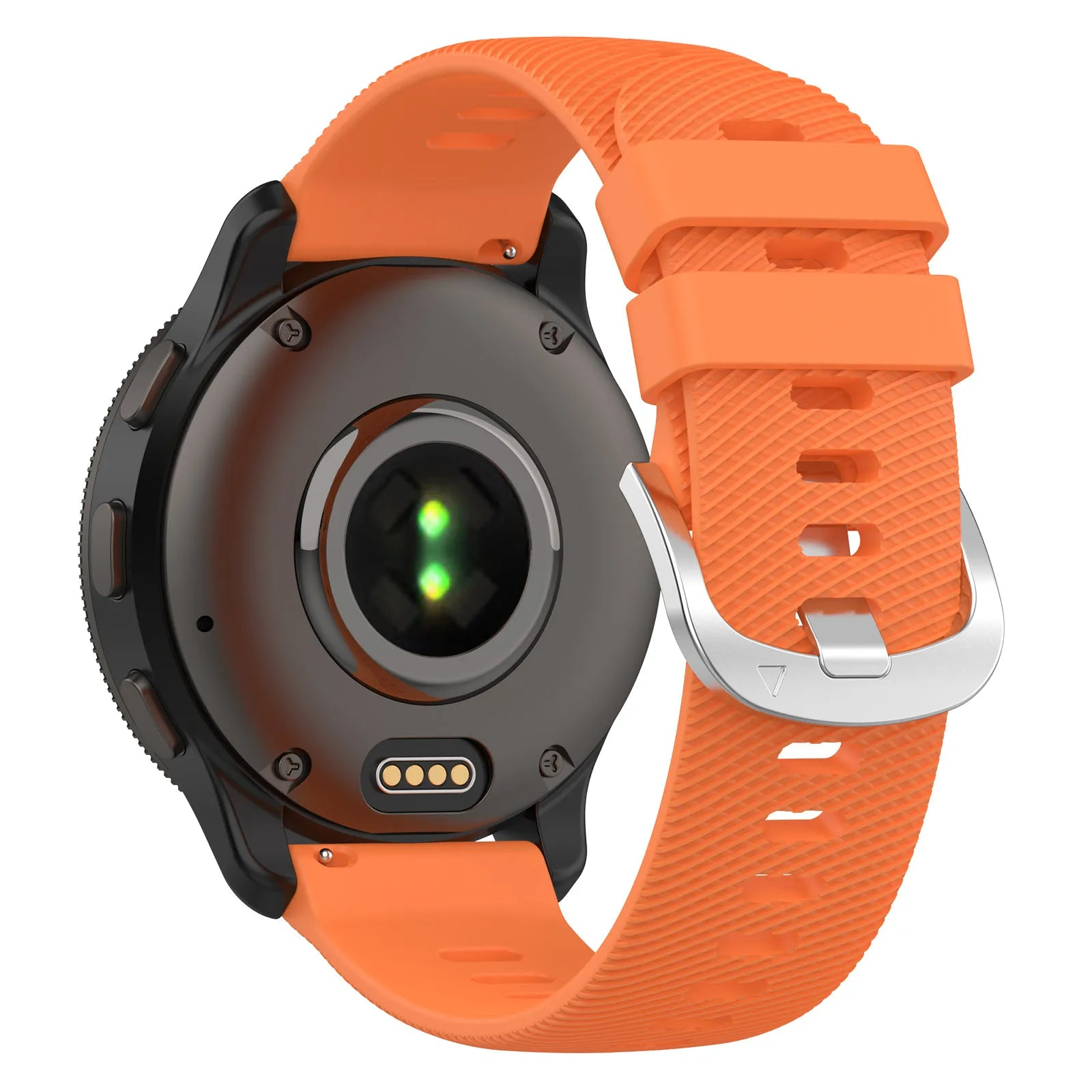 Rückansicht einer schwarzen Smartwatch mit orangefarbenem Armband. Es hat einen Herzfrequenzsensor und eine silberne Schnalle.