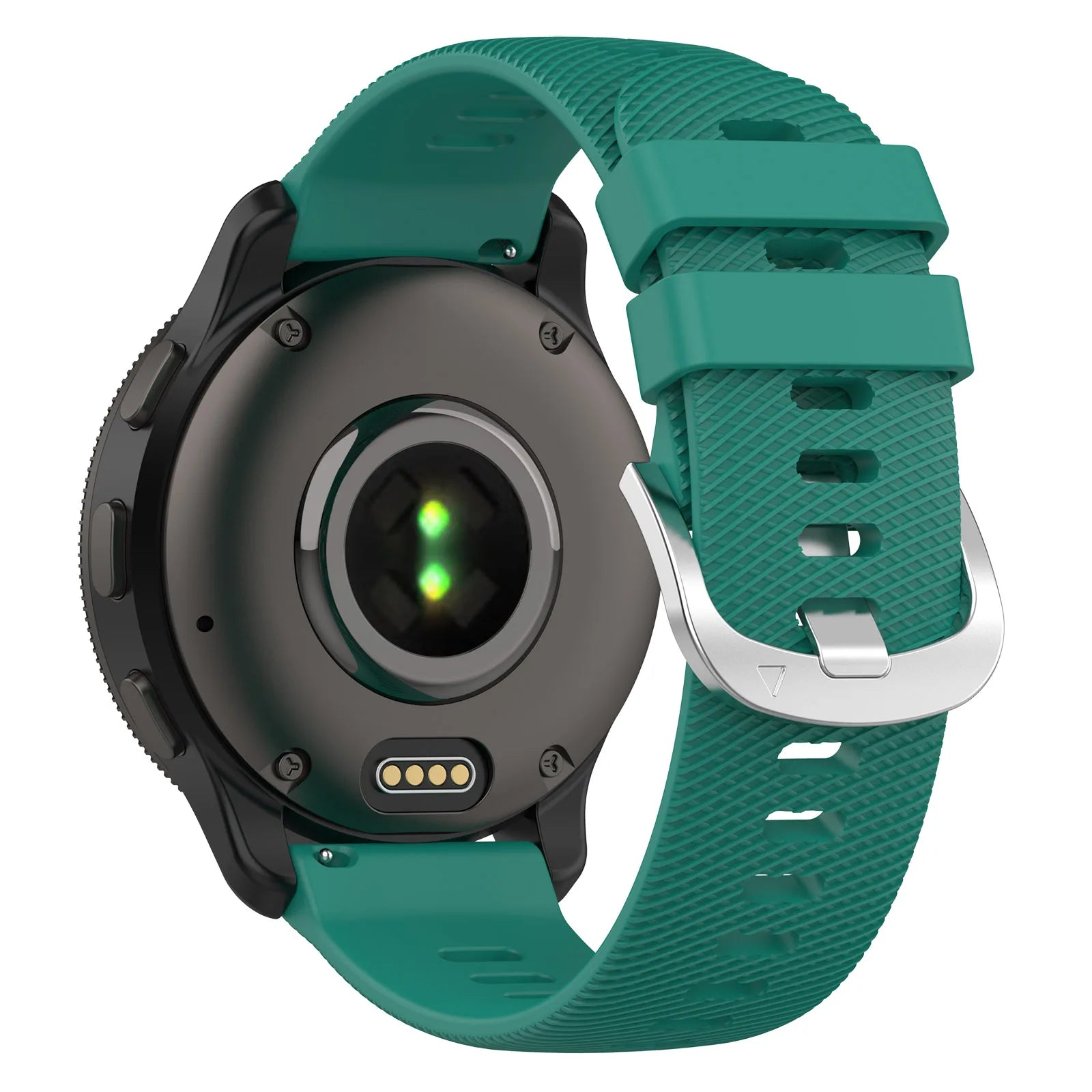 Eine Smartwatch mit grünem Armband. Der Uhrenrücken zeigt Sensoren und das Armband wird mit einer Silberschnalle befestigt.