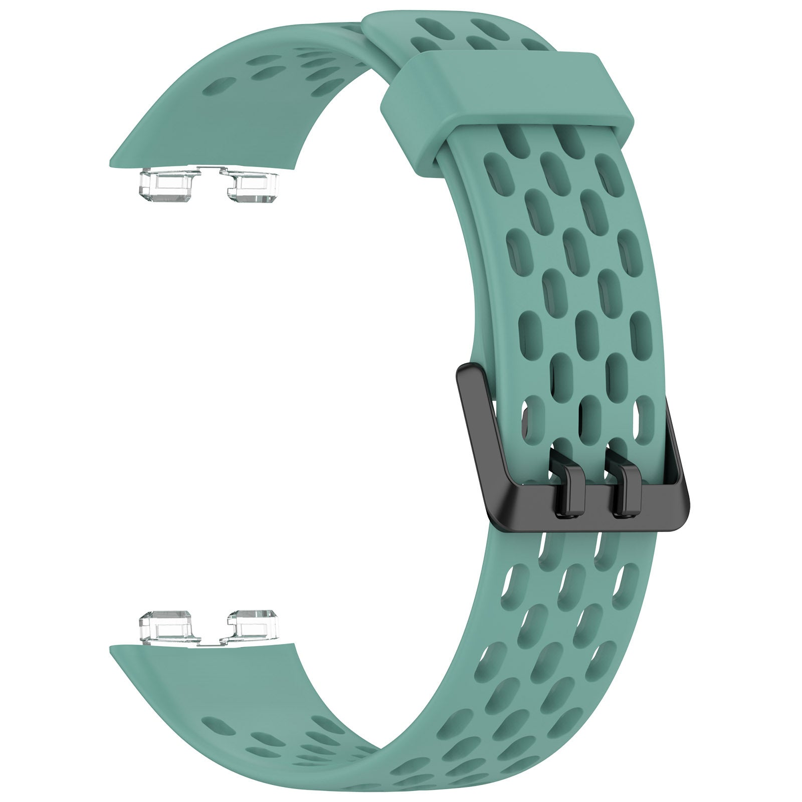 Ein tealfarbenes Silikon-Uhrenarmband mit schwarzer Schnalle. Es hat ovale Perforationen und ein geschwungenes Design. Der Hintergrund ist weiß.
