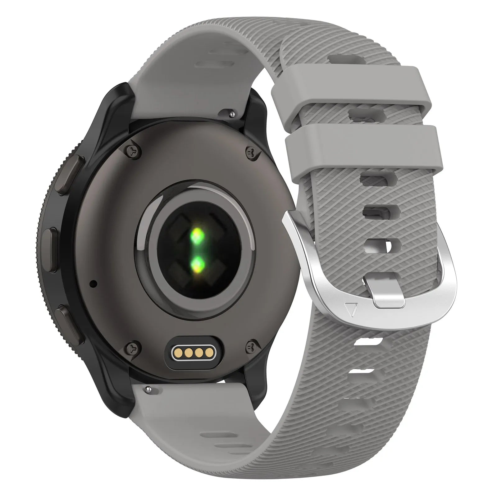 Nahaufnahme einer Smartwatch. Die Rückseite der Uhr ist sichtbar, mit einem Herzfrequenzsensor und grauem Armband.