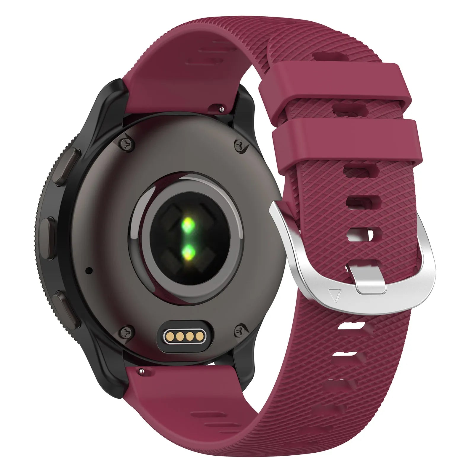 Nahaufnahme einer Smartwatch-Unterseite mit burgunderfarbenem Armband. Die Uhr hat ein schwarzes Gehäuse, einen Herzfrequenzsensor und ein burgunderfarbenes Armband.