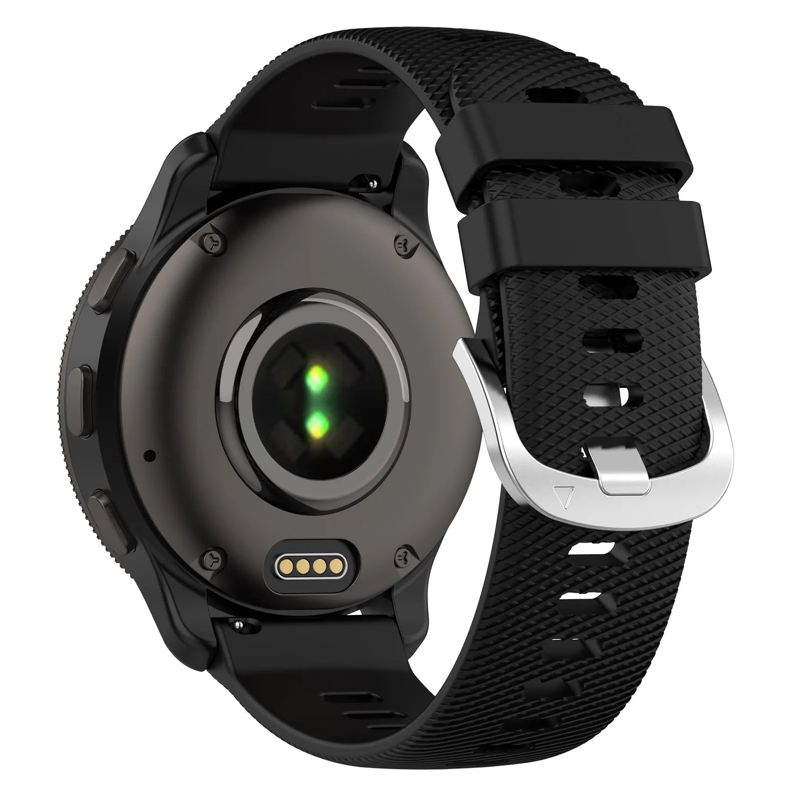Schwarze Smartwatch-Rückansicht mit strukturiertem Armband und silberner Schnalle. Die Uhr hat Sensoren und Knöpfe.