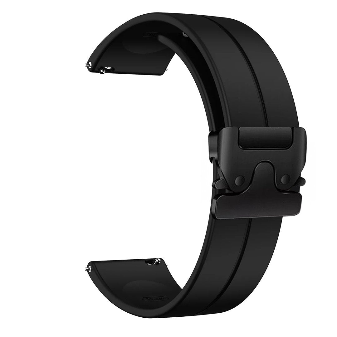Ein schwarzes Armband in C-Form. Es hat eine Schnalle und zwei Verbindungspunkte. Das Design ist elegant und modern.