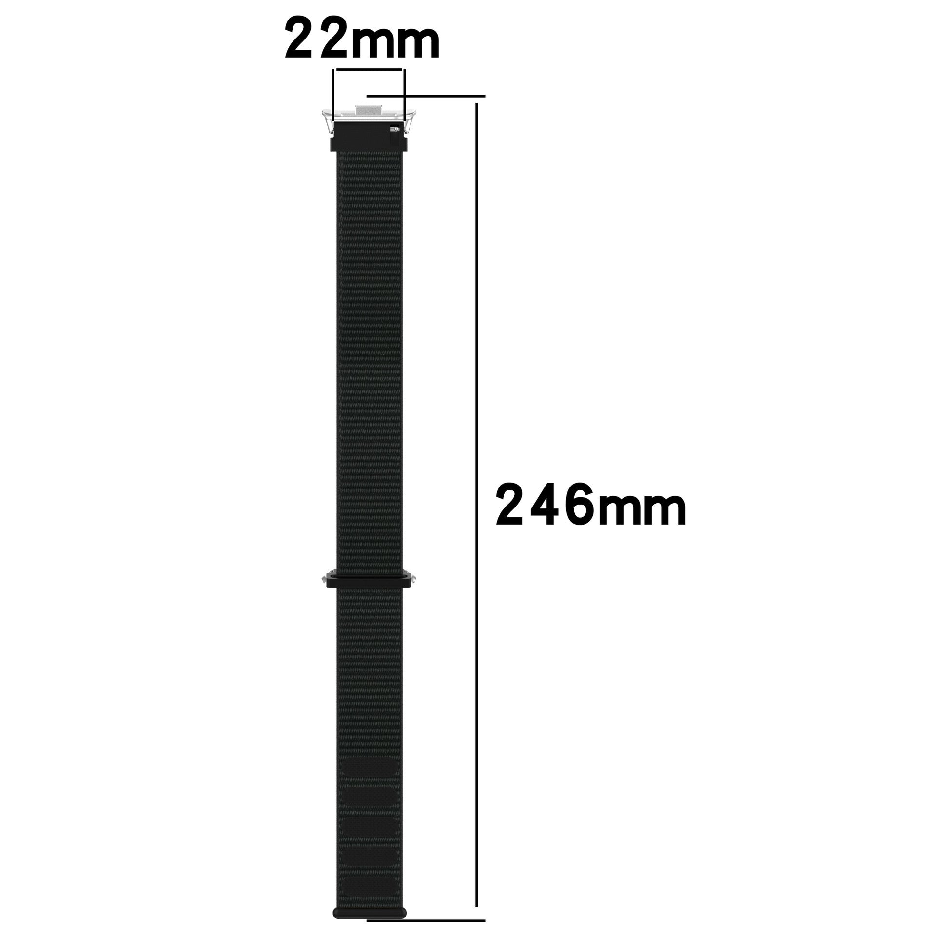 Schwarzes Uhrenarmband mit Maßen: 22 mm Breite, 246 mm Länge. Weißer Hintergrund, schwarzer Text.