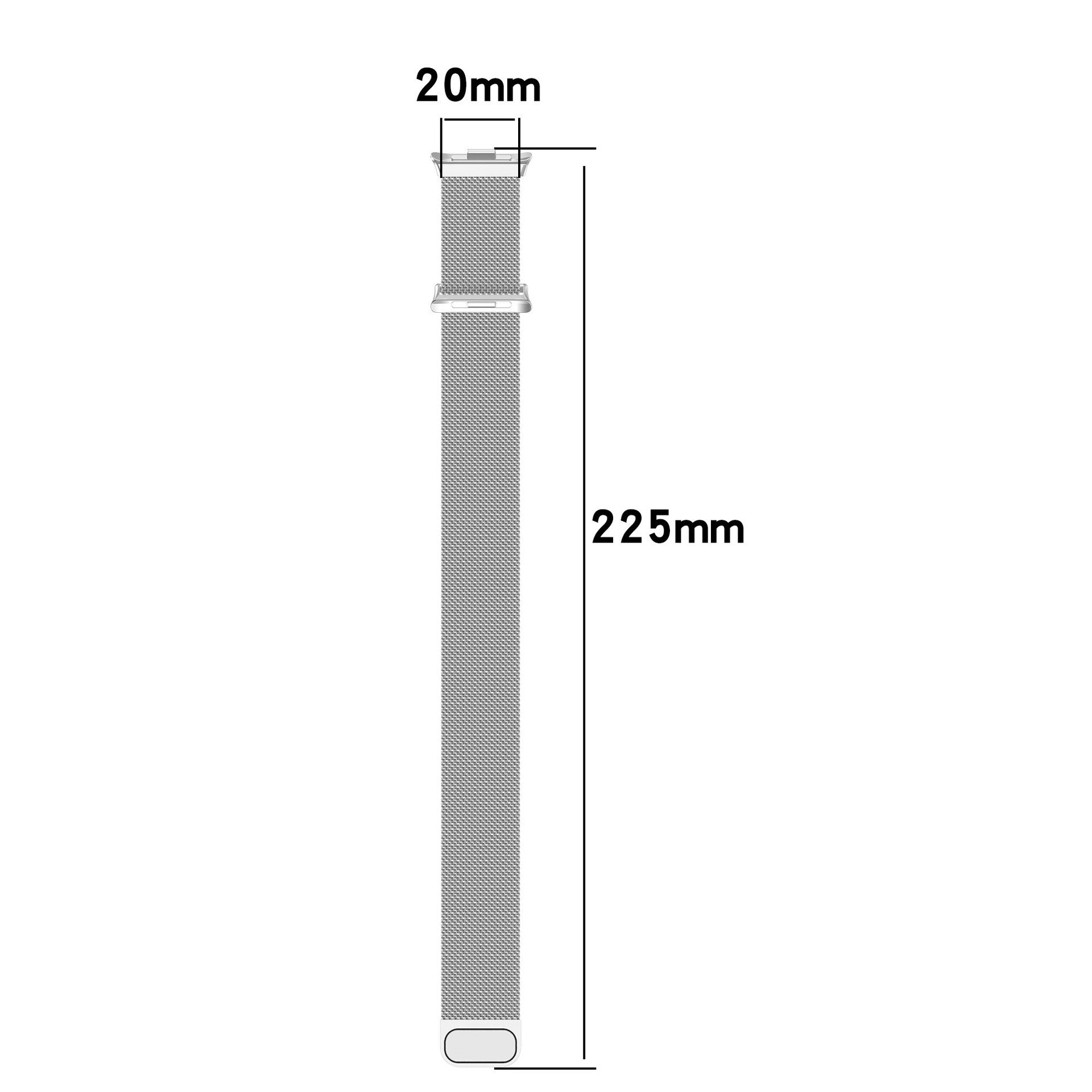 Ein silbernes Mesh-Uhrenarmband mit Bemaßungen. Das Armband ist 225 mm lang und 20 mm breit am Anschluss.