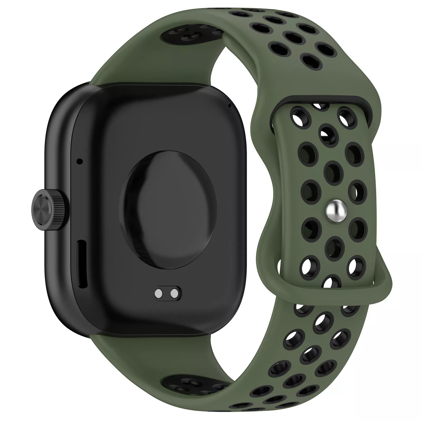 Schwarze Smartwatch mit grünem Armband, perforiertes Design. Zeigt die Rückseite der Uhr. Das Armband ist geschnallt.