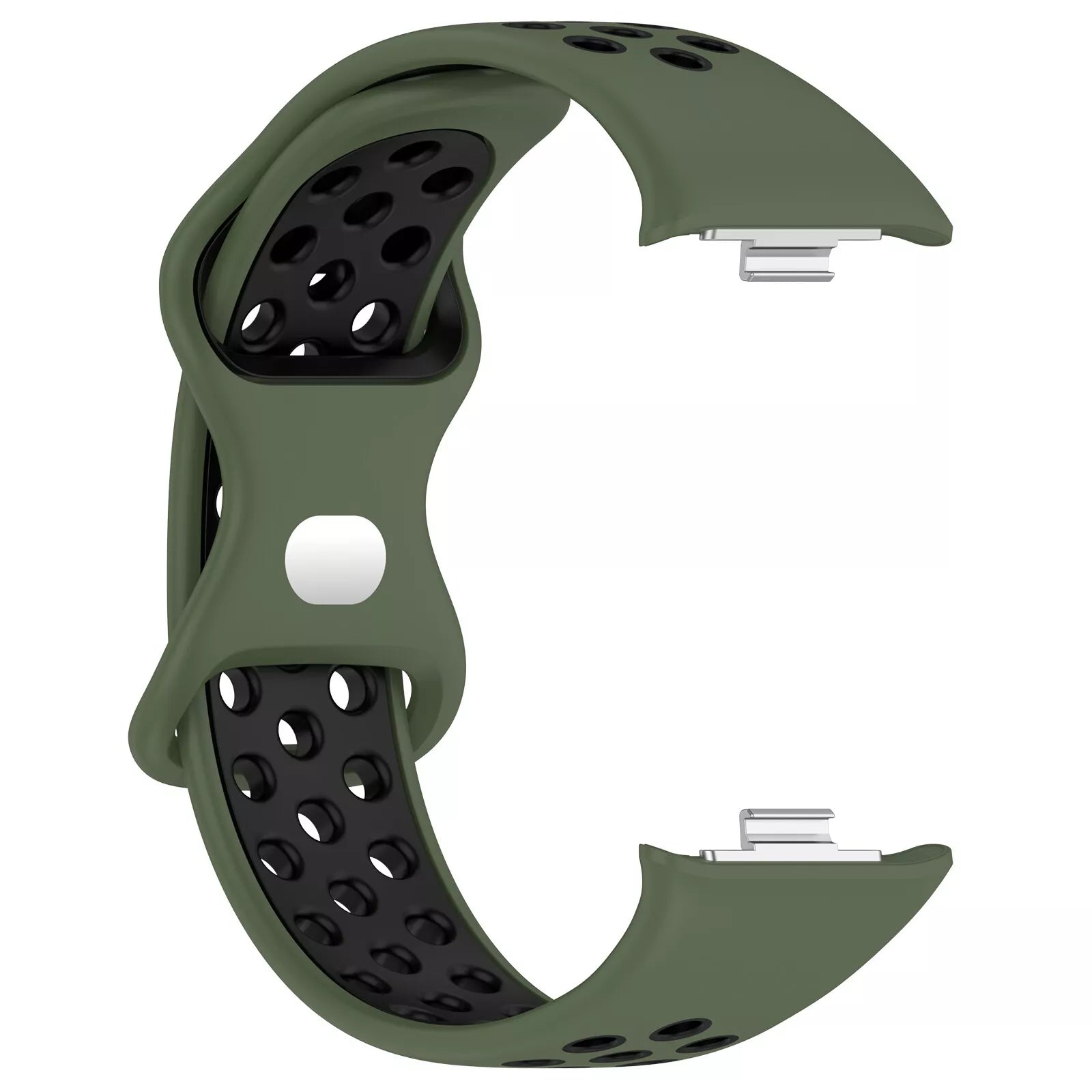 Ein grünes Uhrenarmband mit schwarzer Innenschicht und mehreren kleinen Löchern. An jedem Ende befinden sich Metallverschlüsse. Weißer Hintergrund.
