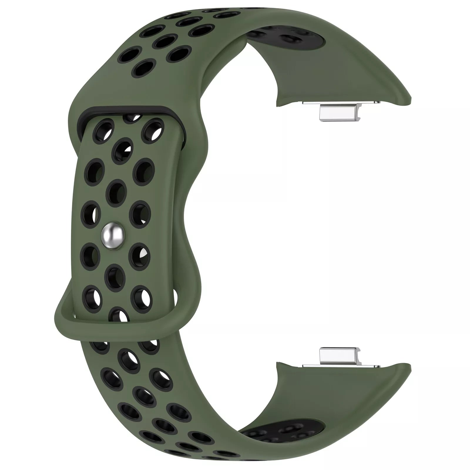 Grünes Uhrenarmband mit schwarzen Löchern. Es hat an jedem Ende einen Metallverschluss. Das Armband ist gebogen und hat eine Schnalle.