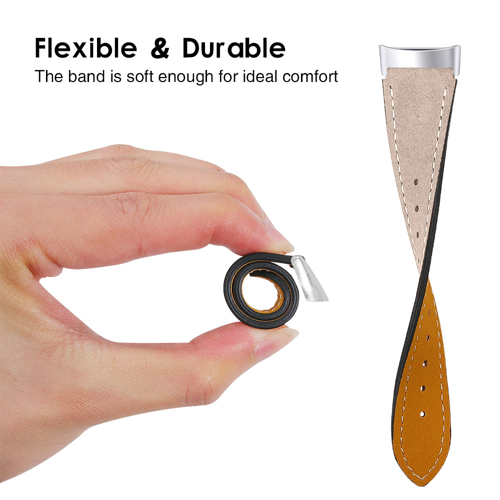 Eine Hand hält ein gerolltes Uhrenarmband. Das Armband ist schwarz und braun, mit einer silbernen Schließe. Text: Flexibel & langlebig.