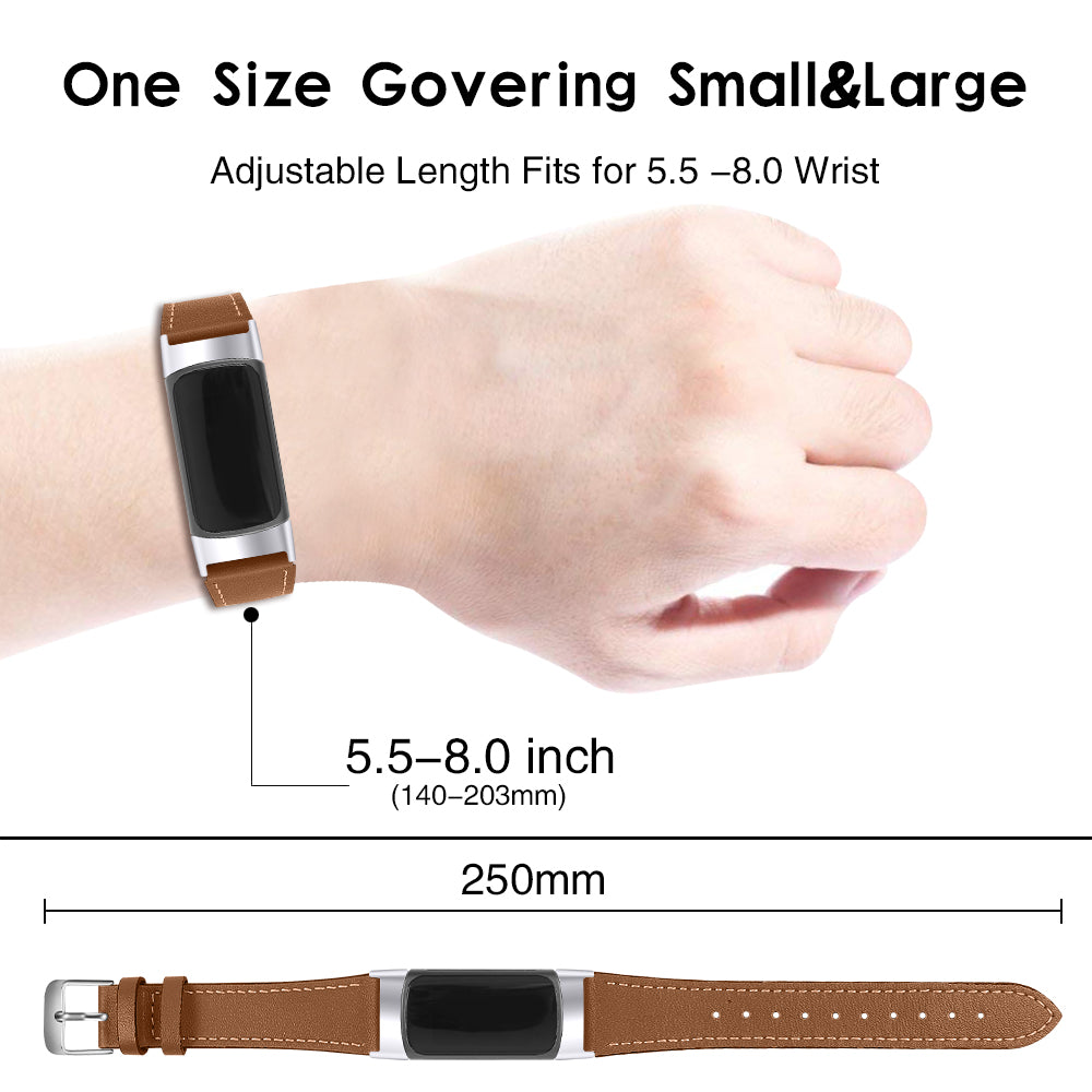 Ein Handgelenk mit brauner Uhr, Text: One Size, einstellbare Länge. Unten: 5,5-8,0 Zoll, 250 mm. Uhrenarmband ausgelegt.