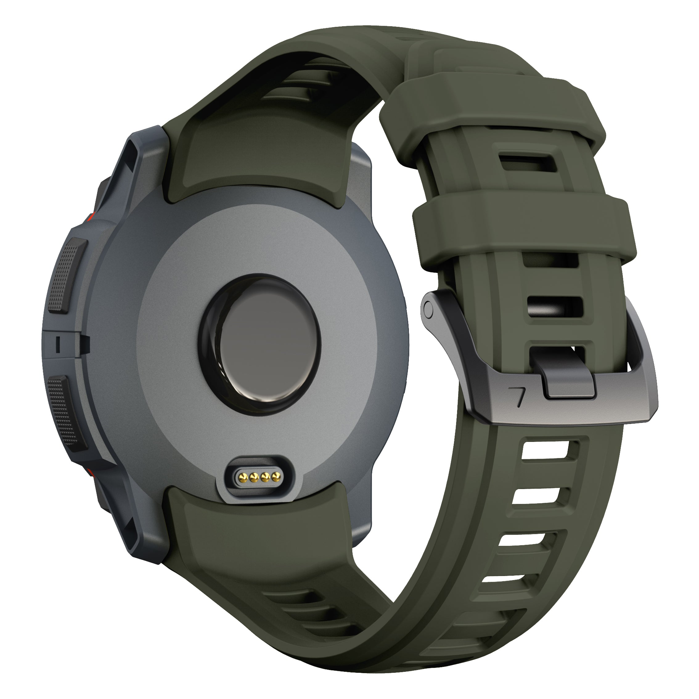 Nahaufnahme einer Smartwatch. Olivgrünes Armband und Gehäuse. Silberne Schnalle. Isoliert auf Weiß. Rückseite der Uhr gezeigt.