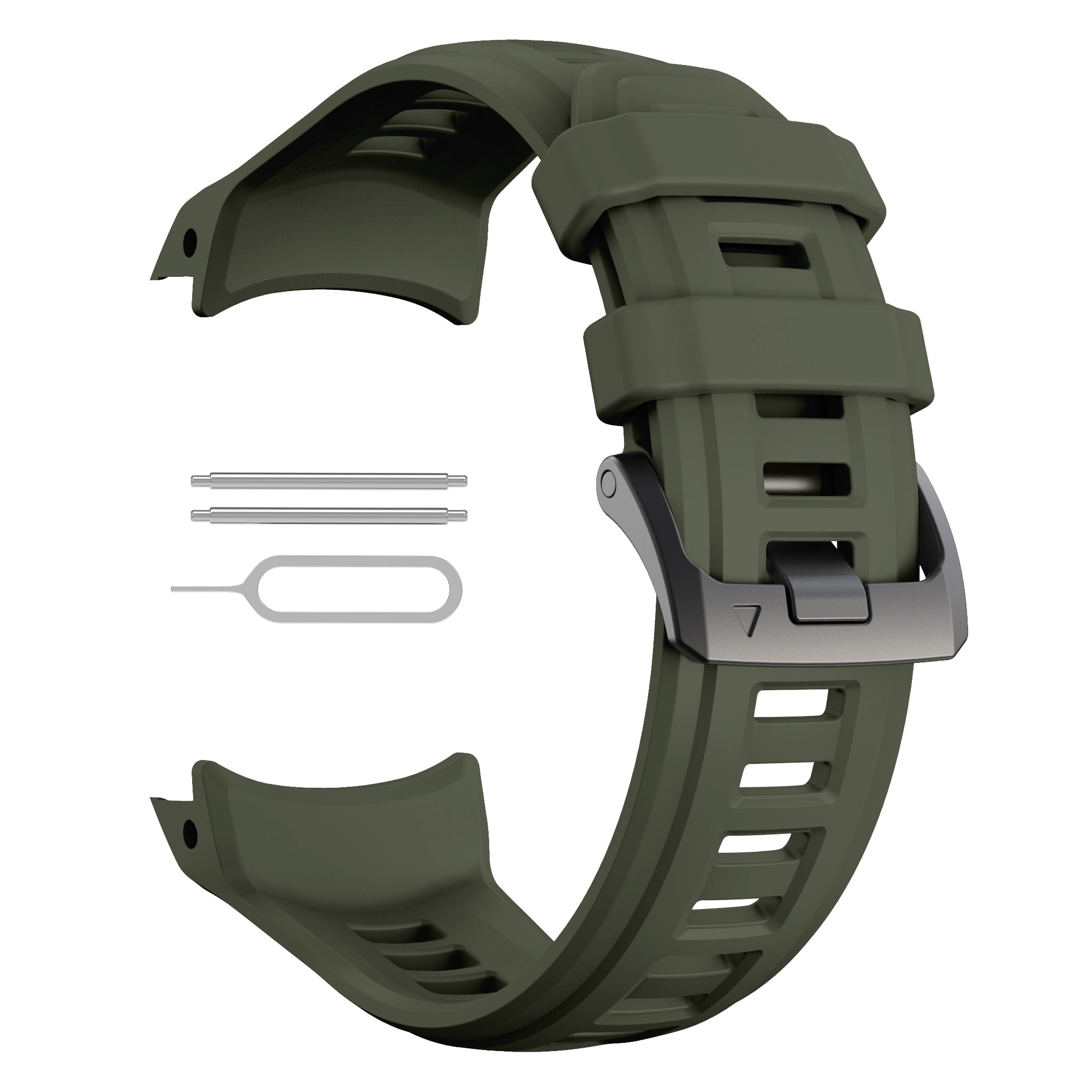 Ein olivgrünes Uhrenarmband mit Metallschnalle und zwei Stiften. Enthält ein SIM-Karten-Auswurfwerkzeug. Alles auf weißem Hintergrund.