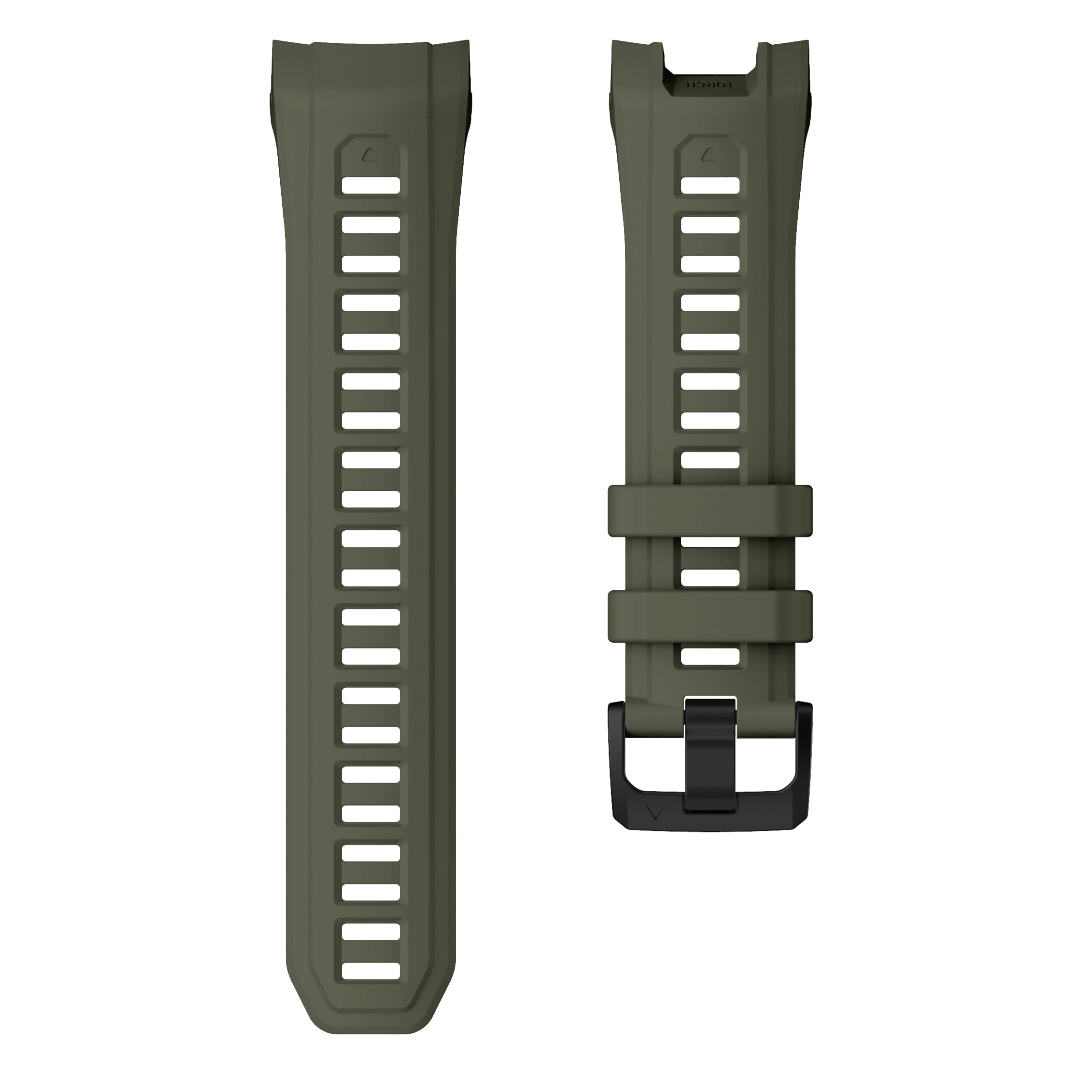 Zwei olivgrüne Uhrenarmbänder. Eines mit einer Reihe von Löchern, das andere mit Schnalle und Halterungen.