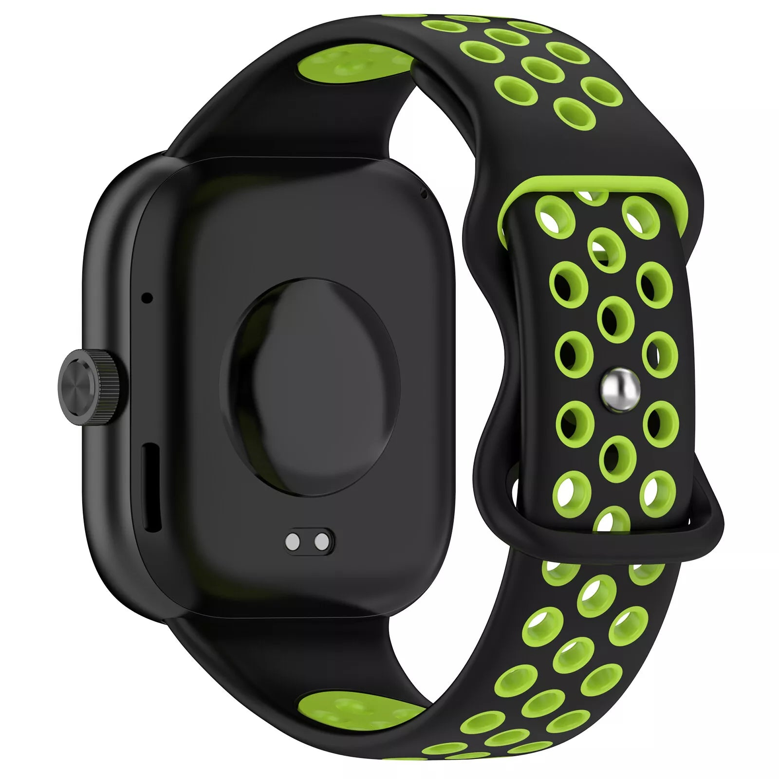 Schwarze Smartwatch mit grün-schwarzem Armband. Das Armband hat grüne Löcher. Die Uhr hat einen Knopf und einen Sensor.
