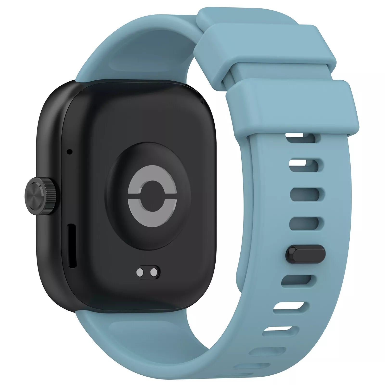 Eine schwarze Smartwatch mit hellblauem Armband. Das Zifferblatt ist schwarz mit einem grauen kreisförmigen Design.