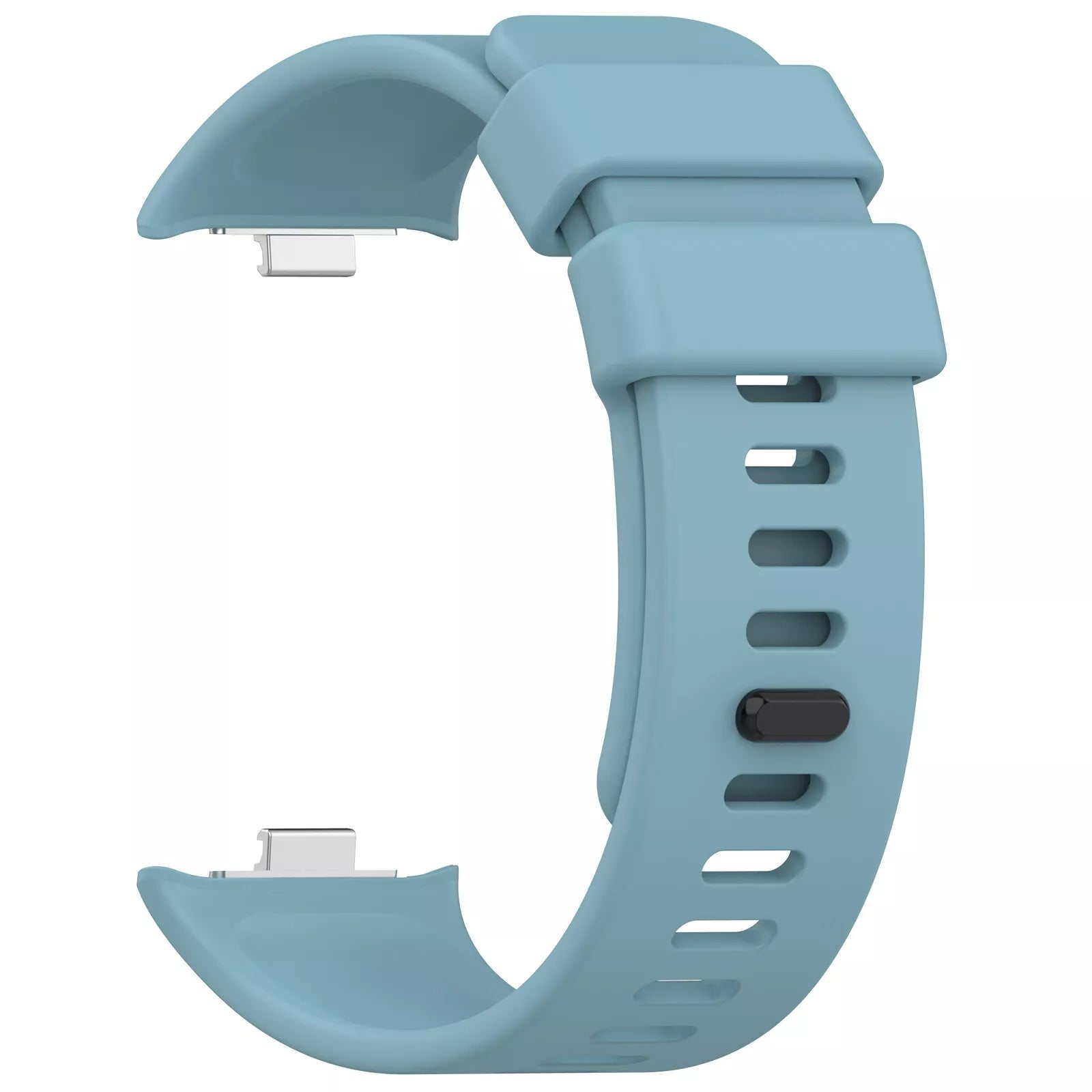 Ein hellblaues Armband für eine Smartwatch. Es ist gebogen und hat eine rechteckige Schnalle und eine Reihe von Löchern mit einem schwarzen Knopf.