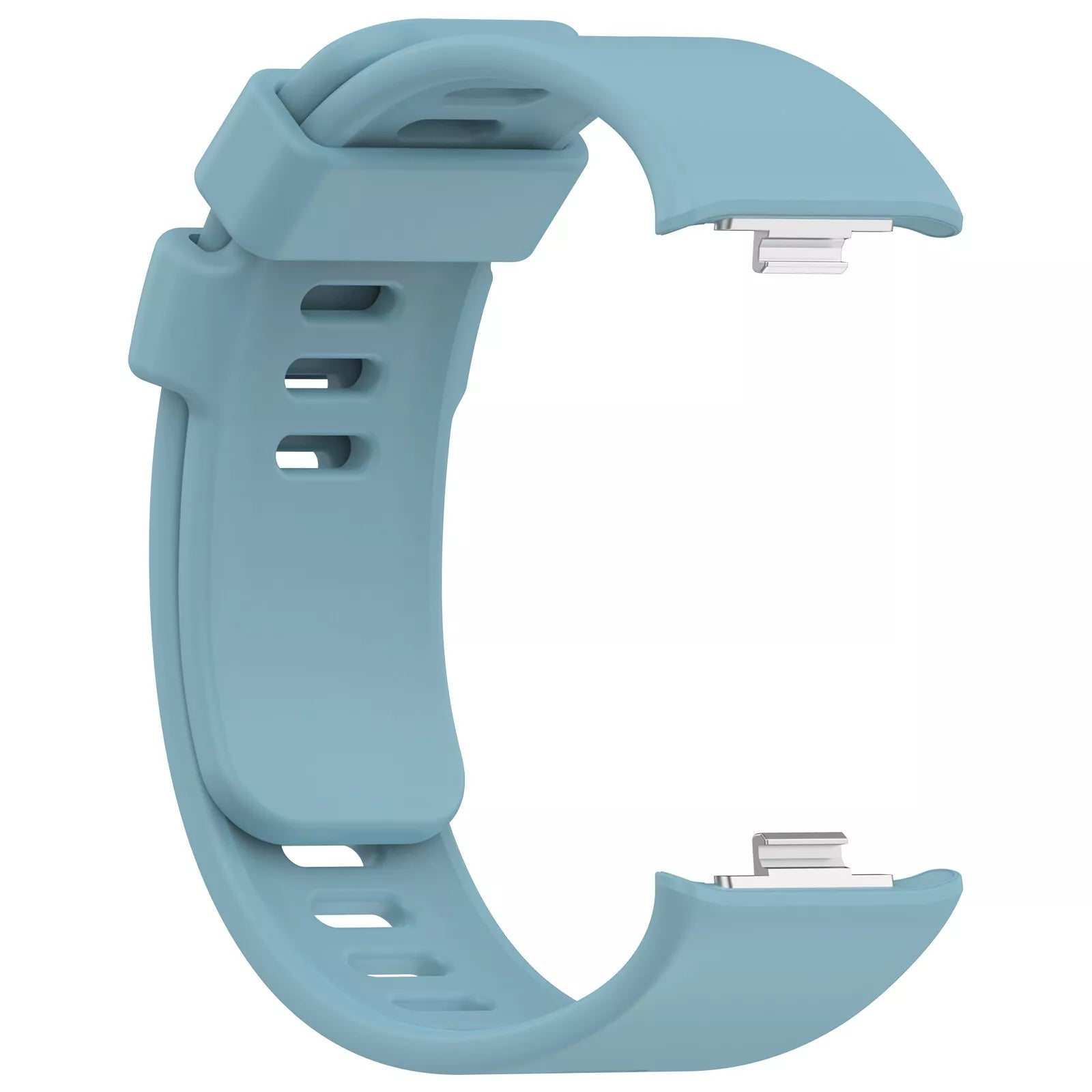 Ein hellblaues Uhrenarmband mit silberfarbenen Metallverbindern, geschwungenes Design. Es hat drei Löcher und gebogene Enden.