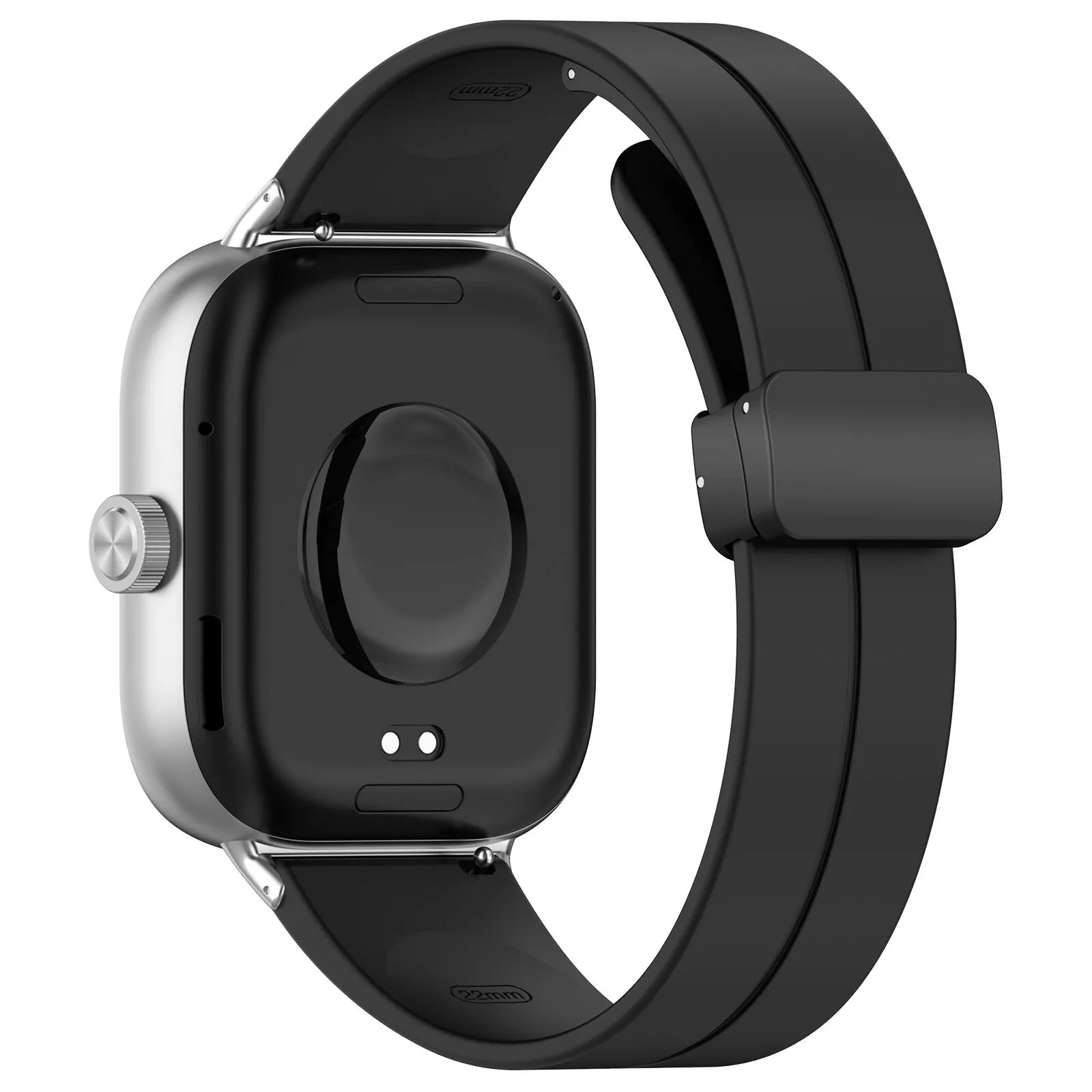 Eine Smartwatch mit silbernem Gehäuse und schwarzem Armband. Die Rückseite ist schwarz mit Sensoren und einem Knopf.
