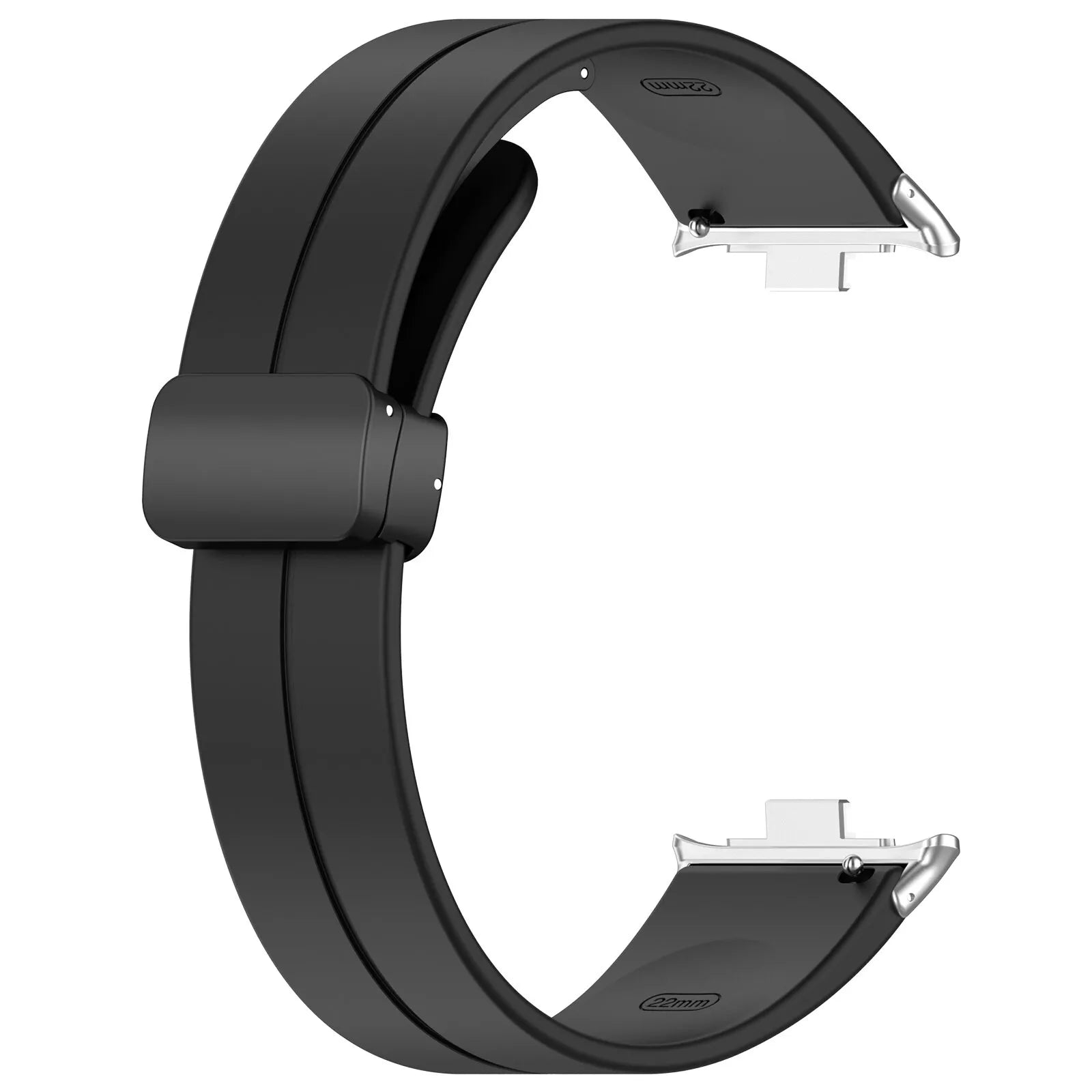 Ein schwarzes Smartwatch-Armband. Das Band ist gebogen mit einem Verschluss in der Mitte. Metallische Verschlüsse sind an beiden Enden.