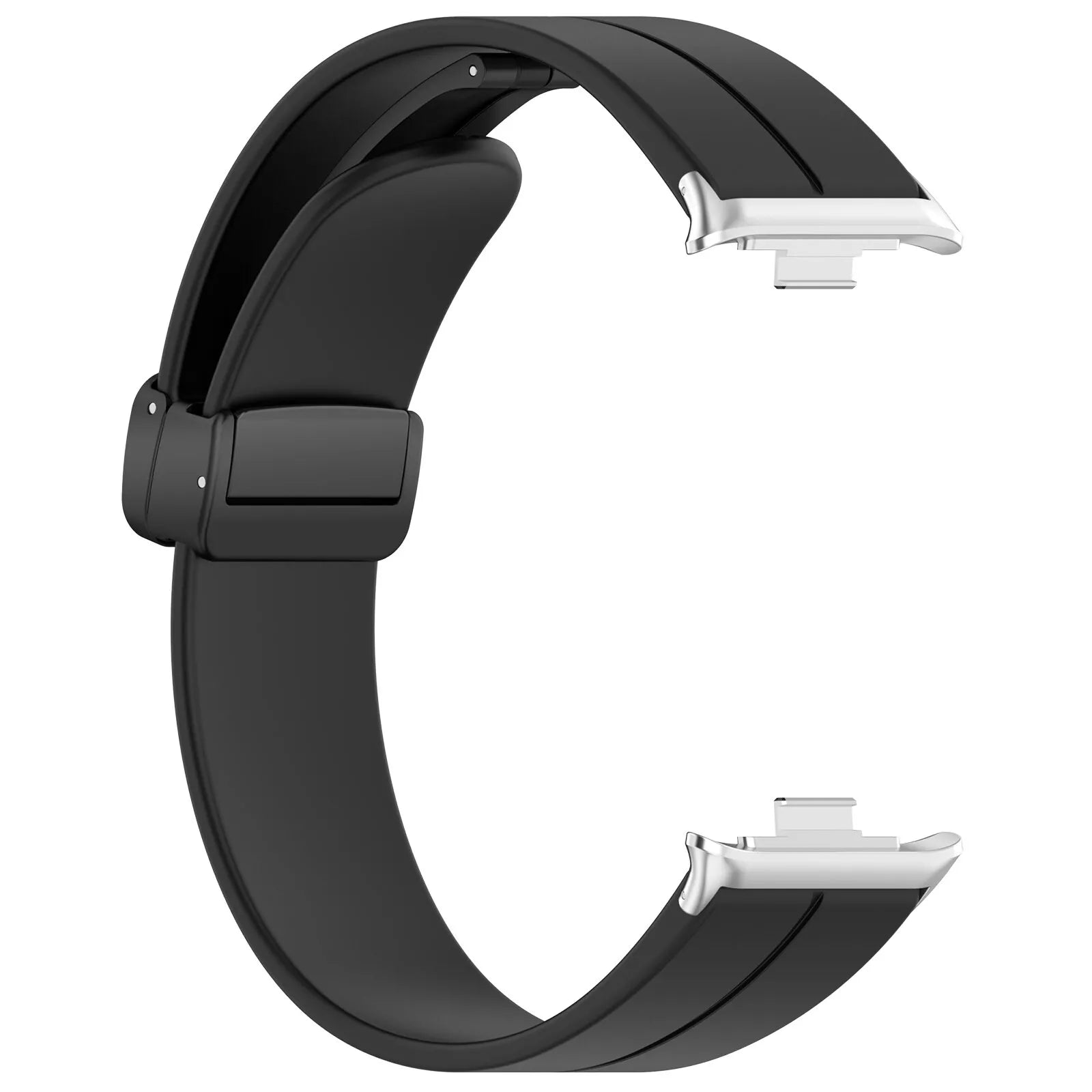 Schwarzes Uhrenarmband mit silbernen Verschlüssen auf weißem Hintergrund. Das Armband ist in C-Form gebogen. Nahansicht.