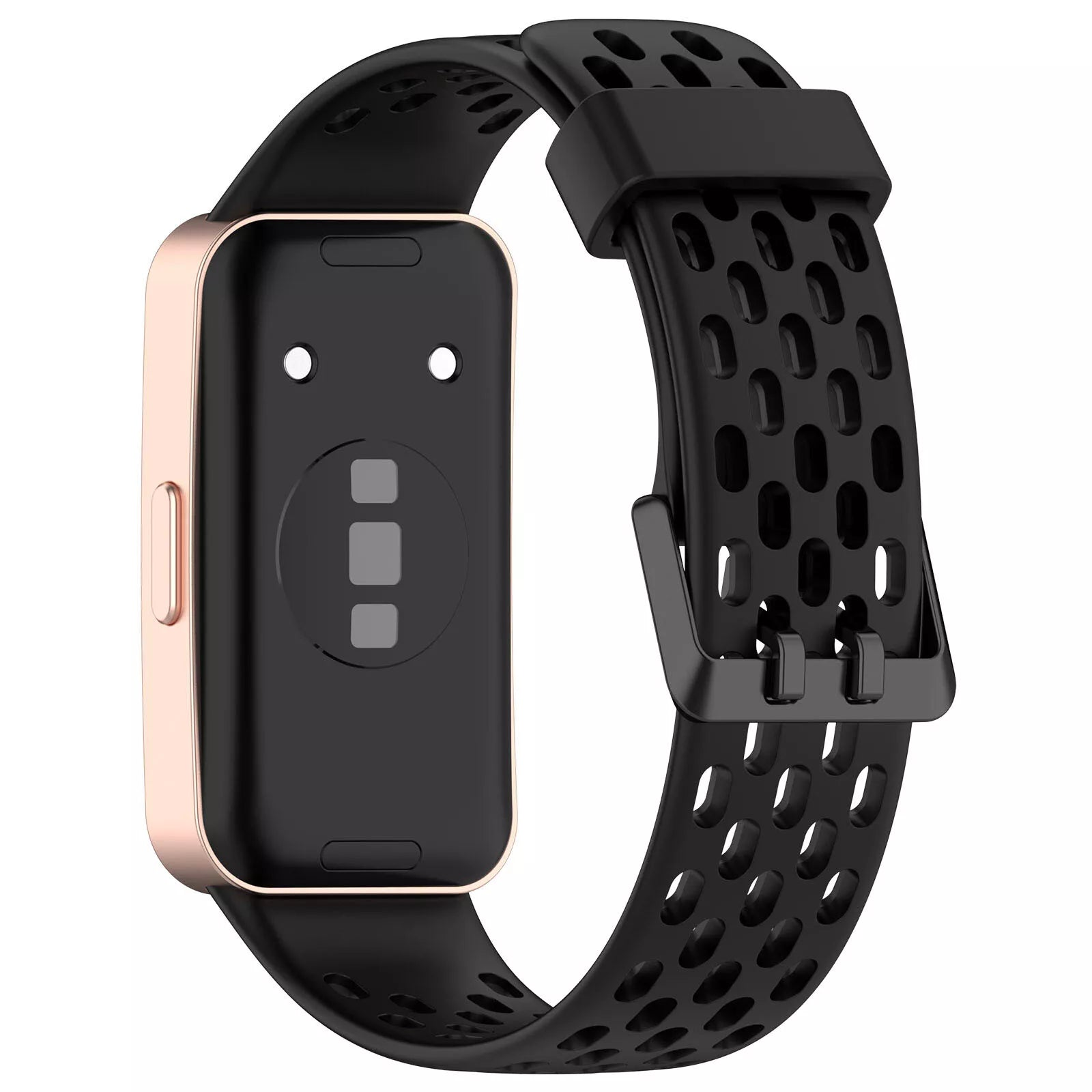 Schwarzer Fitnesstracker mit goldfarbenem Rahmen und schwarzem Armband. Das Armband hat eine Reihe ovaler Löcher.