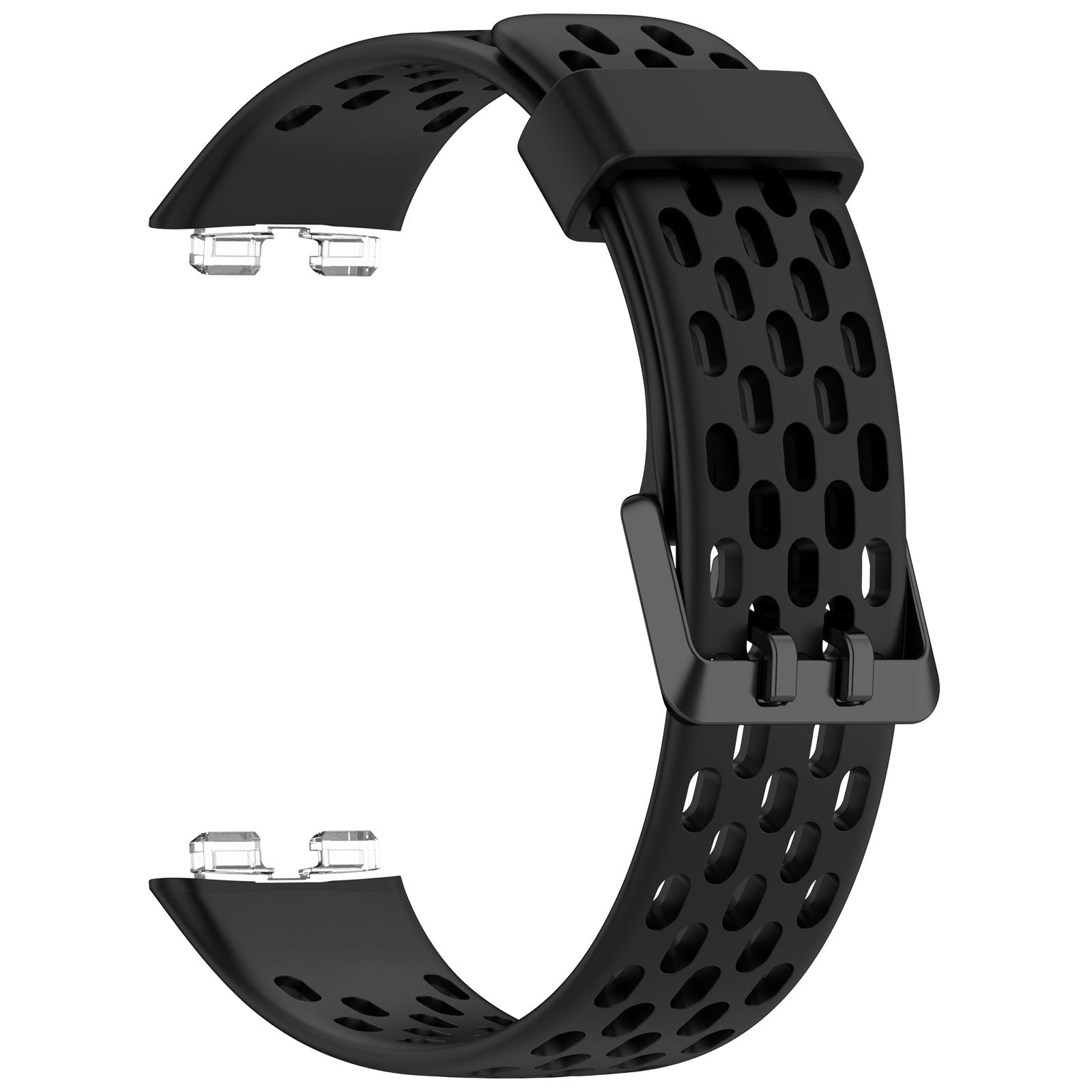 Schwarzes Uhrenarmband mit ovalen Löchern und einer Schnalle. Transparente Stecker an den Enden. Weißer Hintergrund.