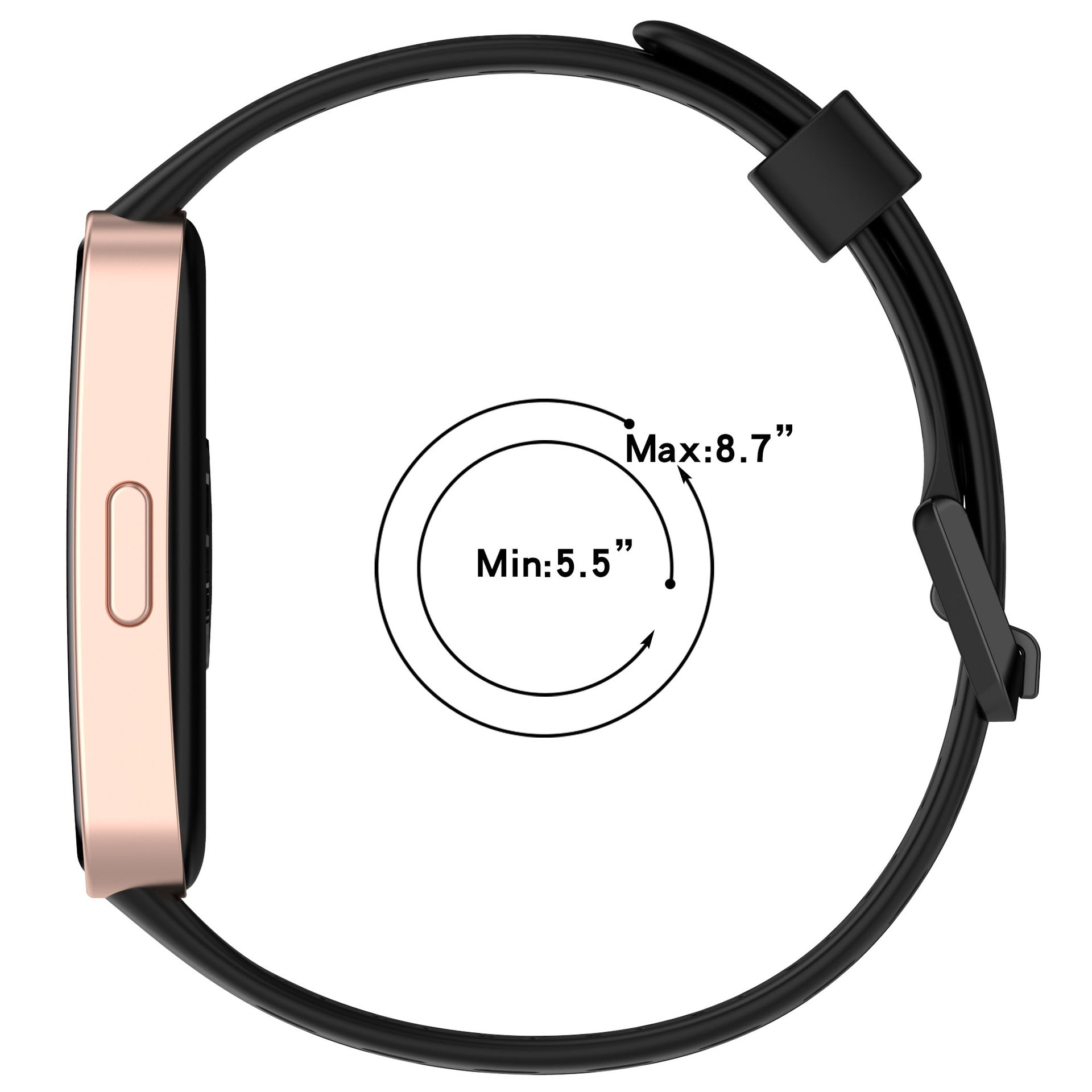 Roségoldene Smartwatch auf weißem Hintergrund. Schwarzes Armband, Seitenansicht. Zeigt Messdetails: Max: 8,7", Min: 5,5".