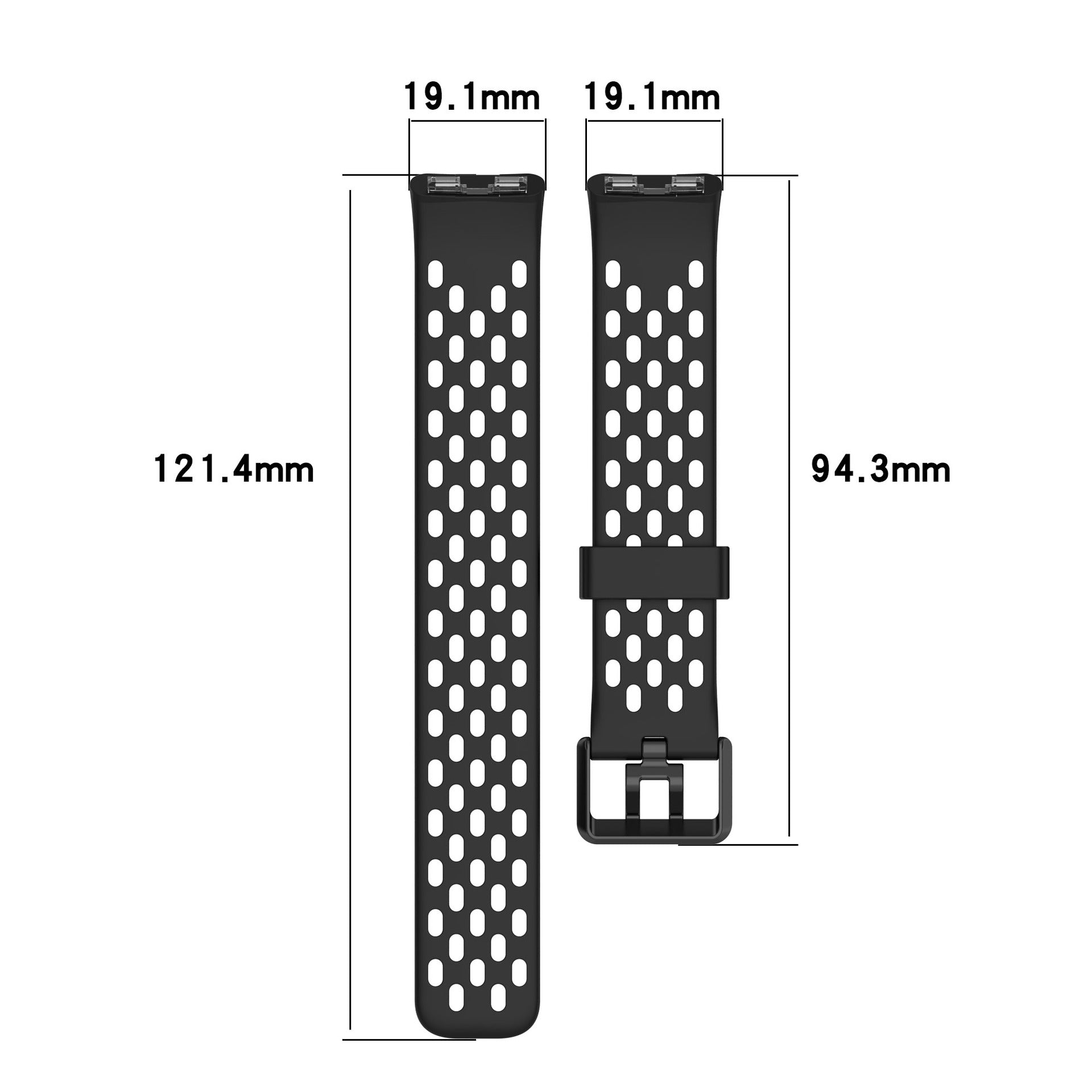 Zwei schwarze Uhrenarmbänder mit Maßen. Eines ist 121,4 mm lang, das andere 94,3 mm. Beide haben Löcher und Maße von 19,1 mm.