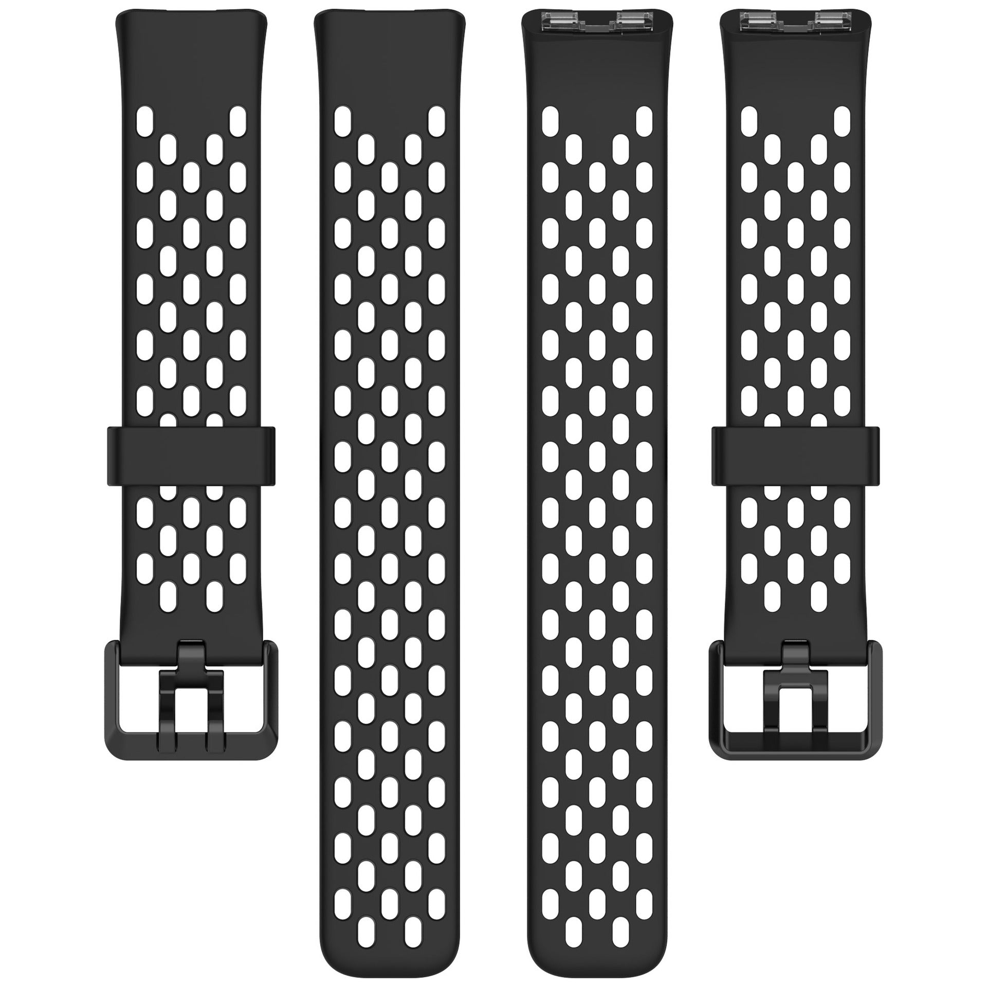 Vier schwarze Uhrenarmbänder mit ovalen Perforationen und Schnallen sind auf weißem Hintergrund angeordnet.