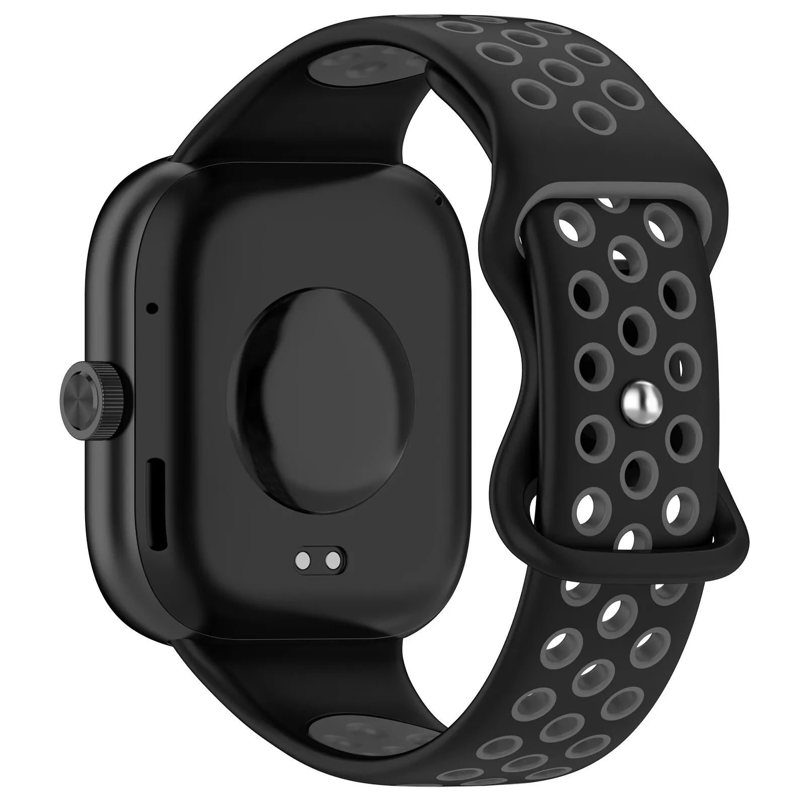 Schwarze Smartwatch mit perforiertem schwarz-grauem Armband. Mit Knopf und zwei kleinen Lichtern.