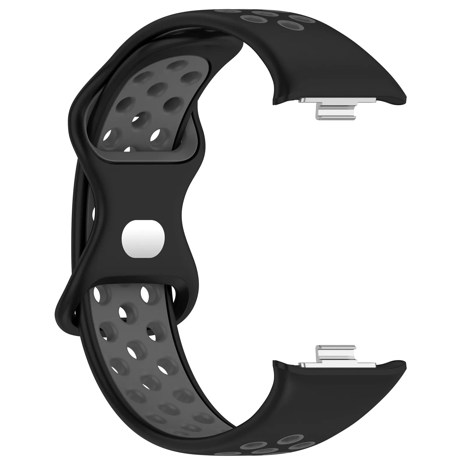 Ein schwarzes und graues Uhrenarmband. Es hat ein perforiertes graues Innenteil und eine schwarze Außenseite. Es hat Metallverbinder.