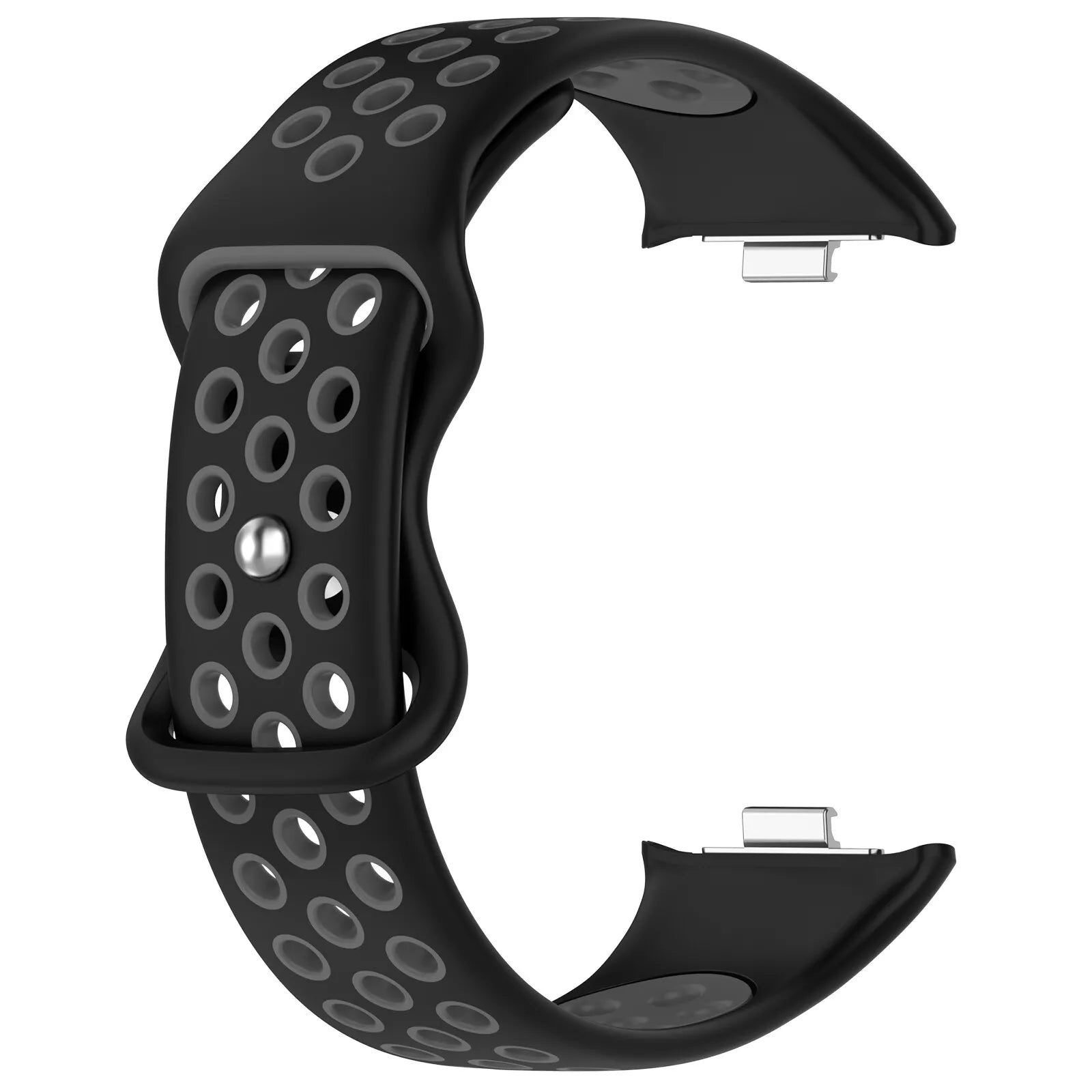 Schwarzes Uhrenarmband mit grauen Akzenten und vielen Löchern. Das Band hat silberne Metallverbinder.