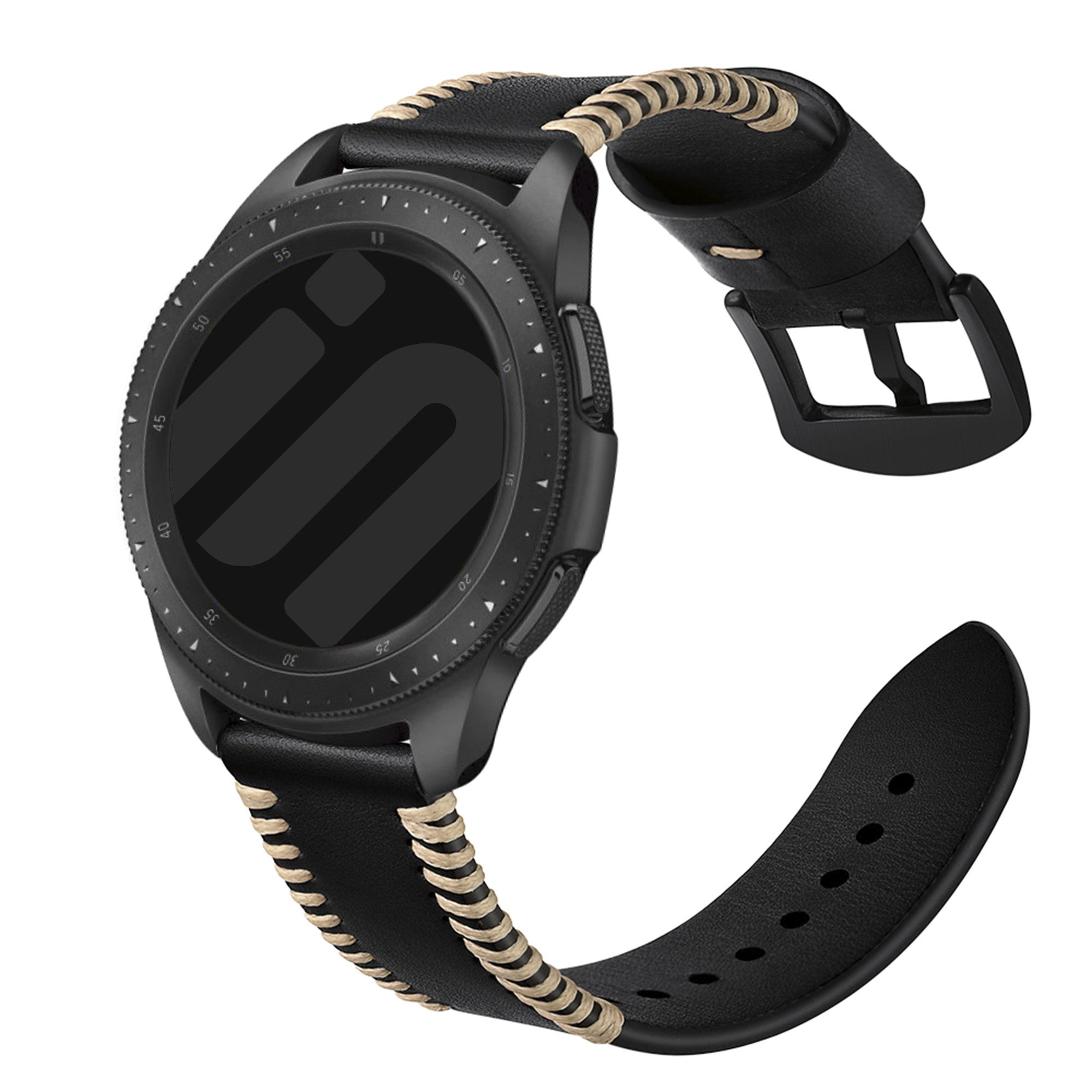 Schwarze Smartwatch mit schwarzem Lederarmband und beigen Nähten. Das Zifferblatt hat ein schwarzes Logo.
