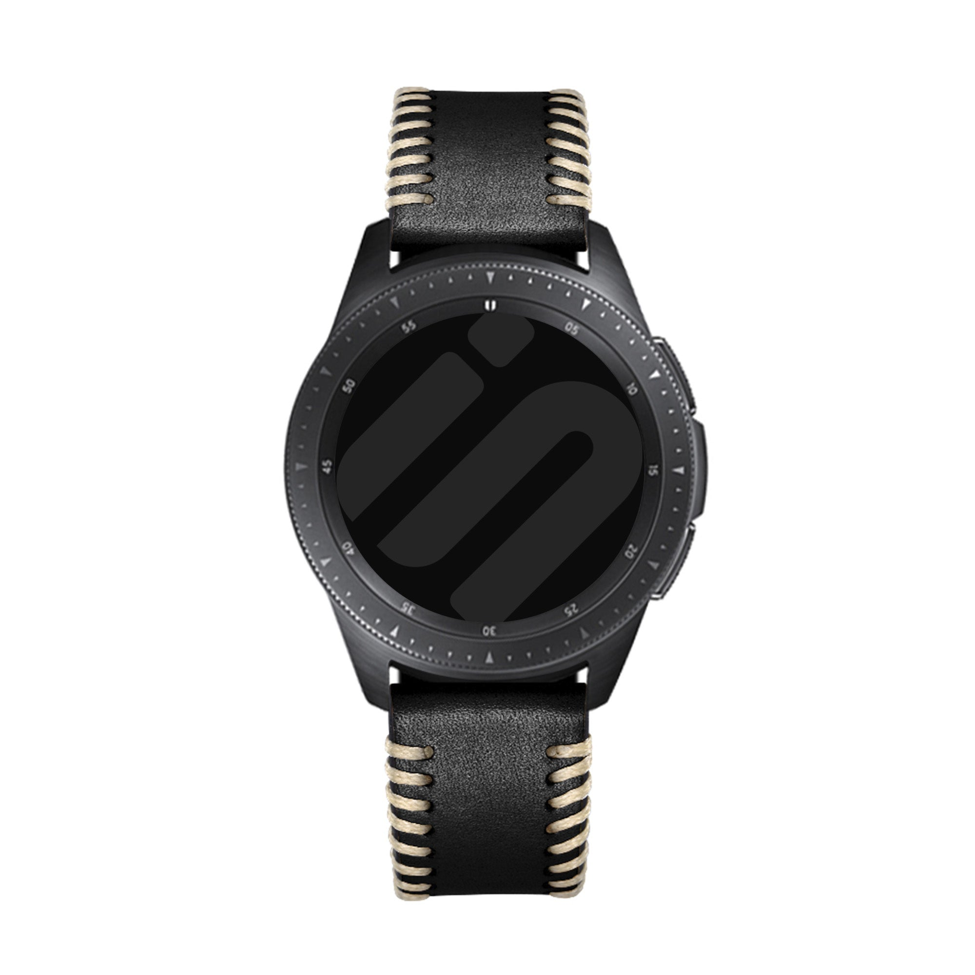 Schwarze Smartwatch mit schwarzen Lederriemen und beigen Nähten. Das Zifferblatt zeigt ein 'in'-Logo.