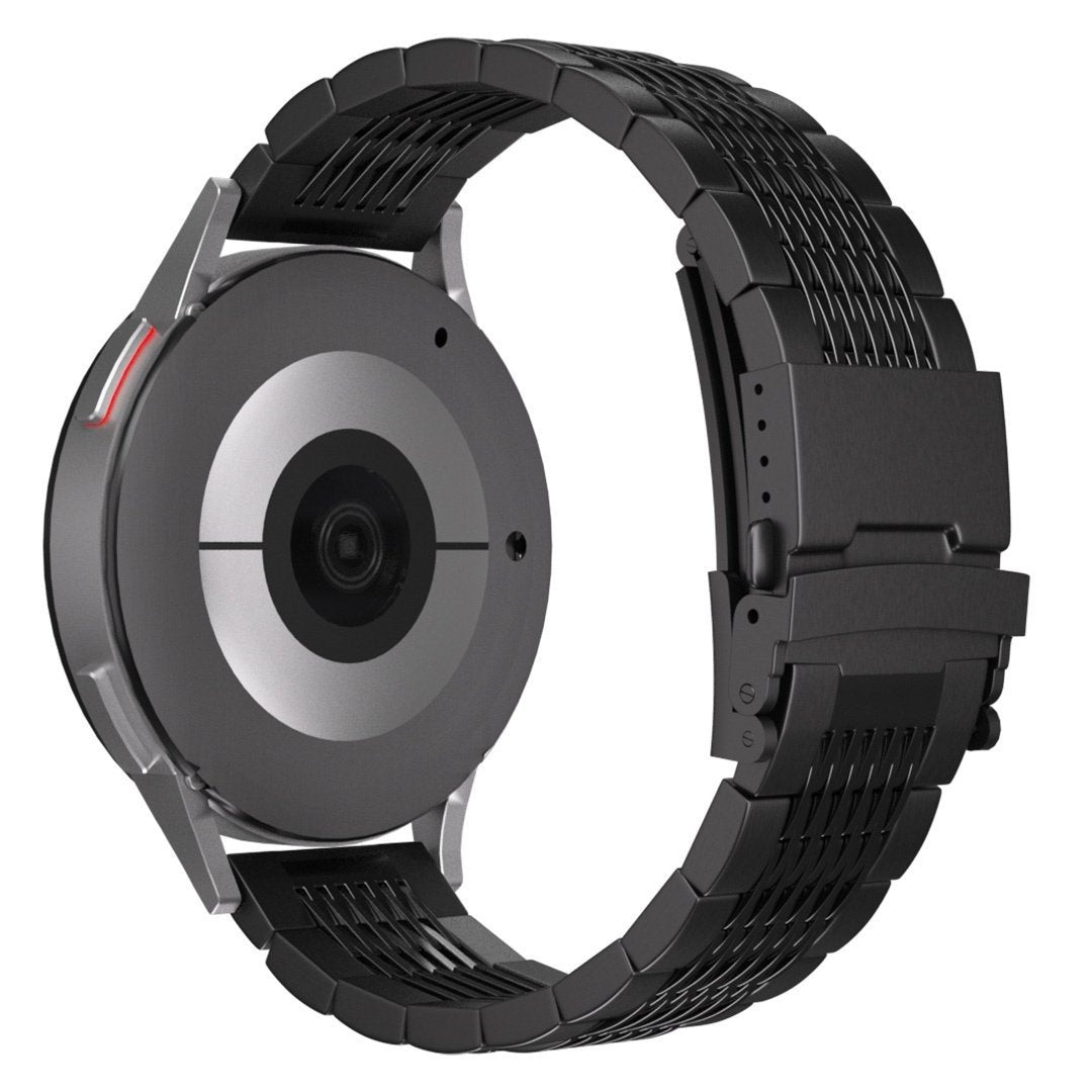 Eine schwarze Smartwatch mit Metallarmband. Das Zifferblatt ist grau mit einem Kameraobjektiv. Das Armband ist geschlossen.