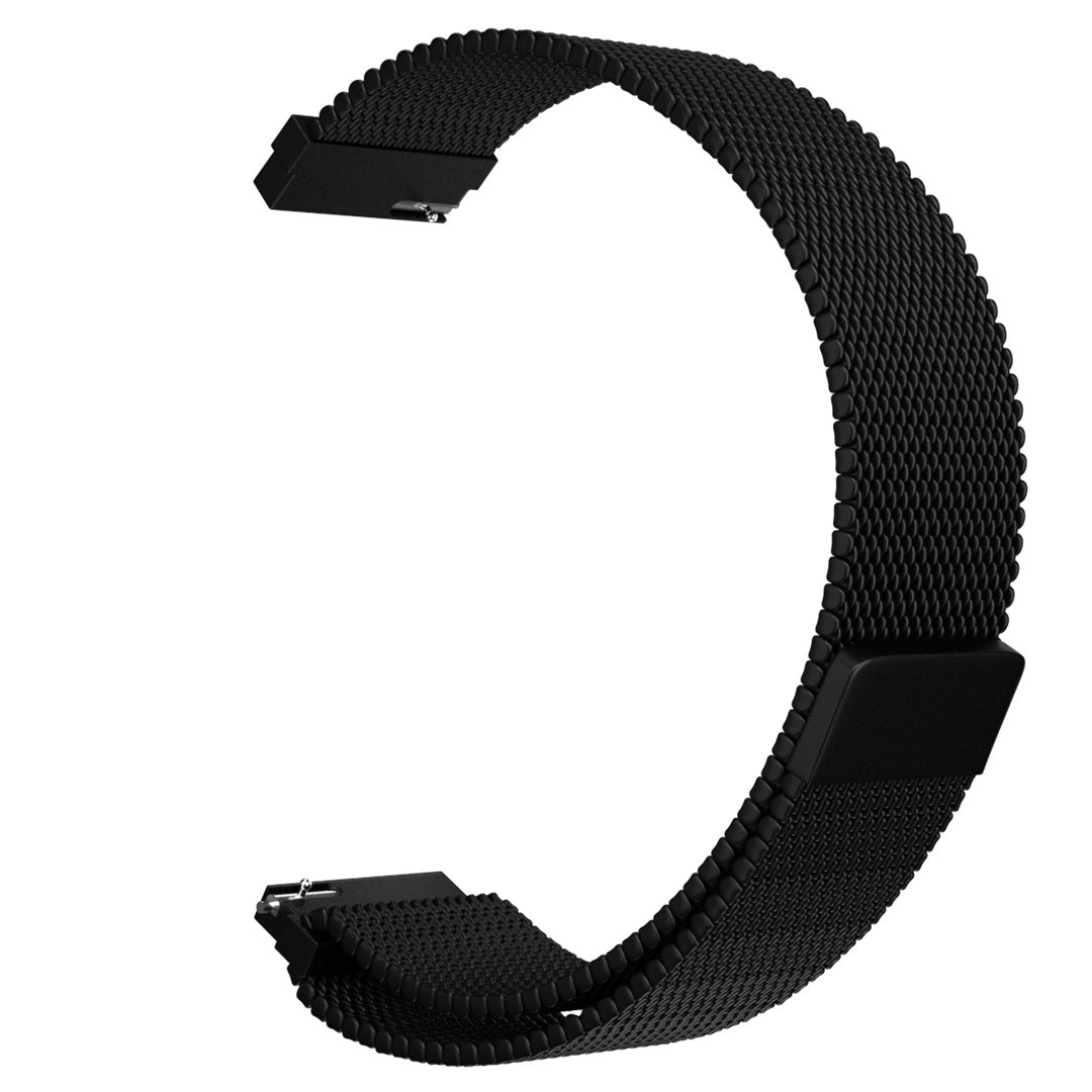 Ein schwarzes Uhrenarmband in Halbmondform aus Mesh. An jedem Ende befinden sich zwei rechteckige Teile mit einem Verschluss.