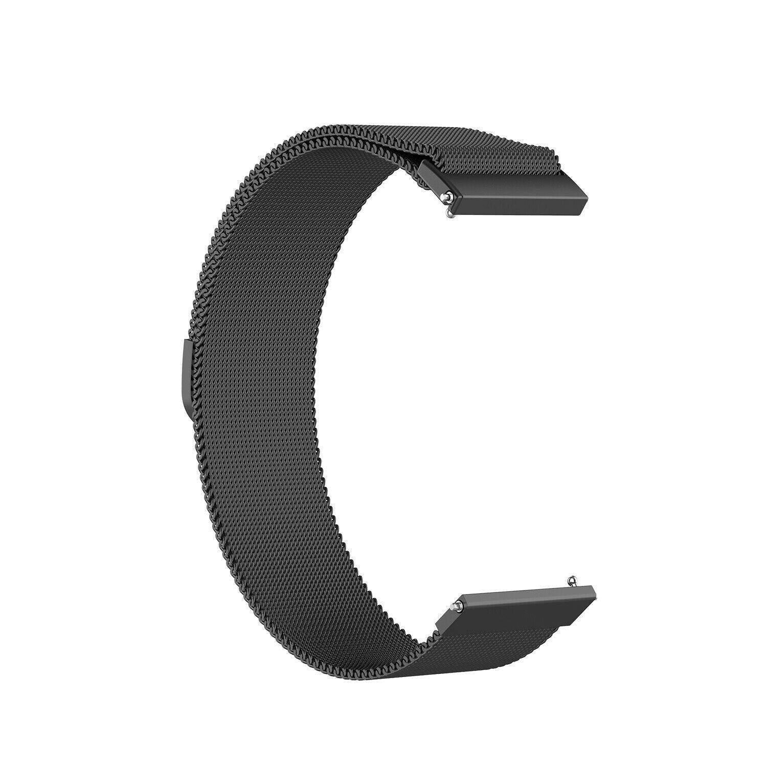 Ein schwarzes Uhrenarmband, C-förmig gebogen. Es hat ein Mesh-Design mit zwei schwarzen Verbindern an jedem Ende.