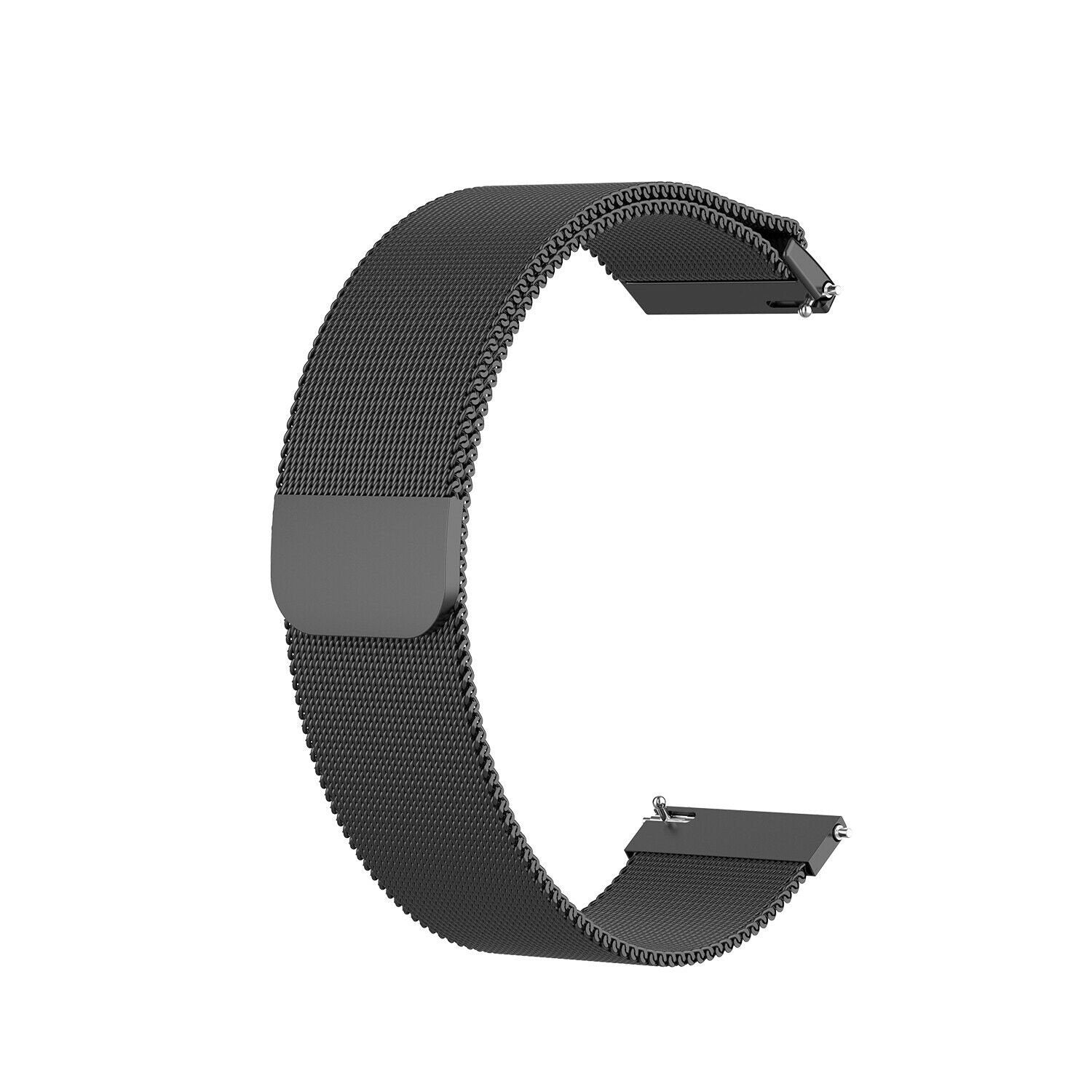 Ein schwarzes, gebogenes Uhrenarmband liegt vor weißem Hintergrund. Es besteht aus einem Mesh-Material mit Metallverschlüssen an jedem Ende.