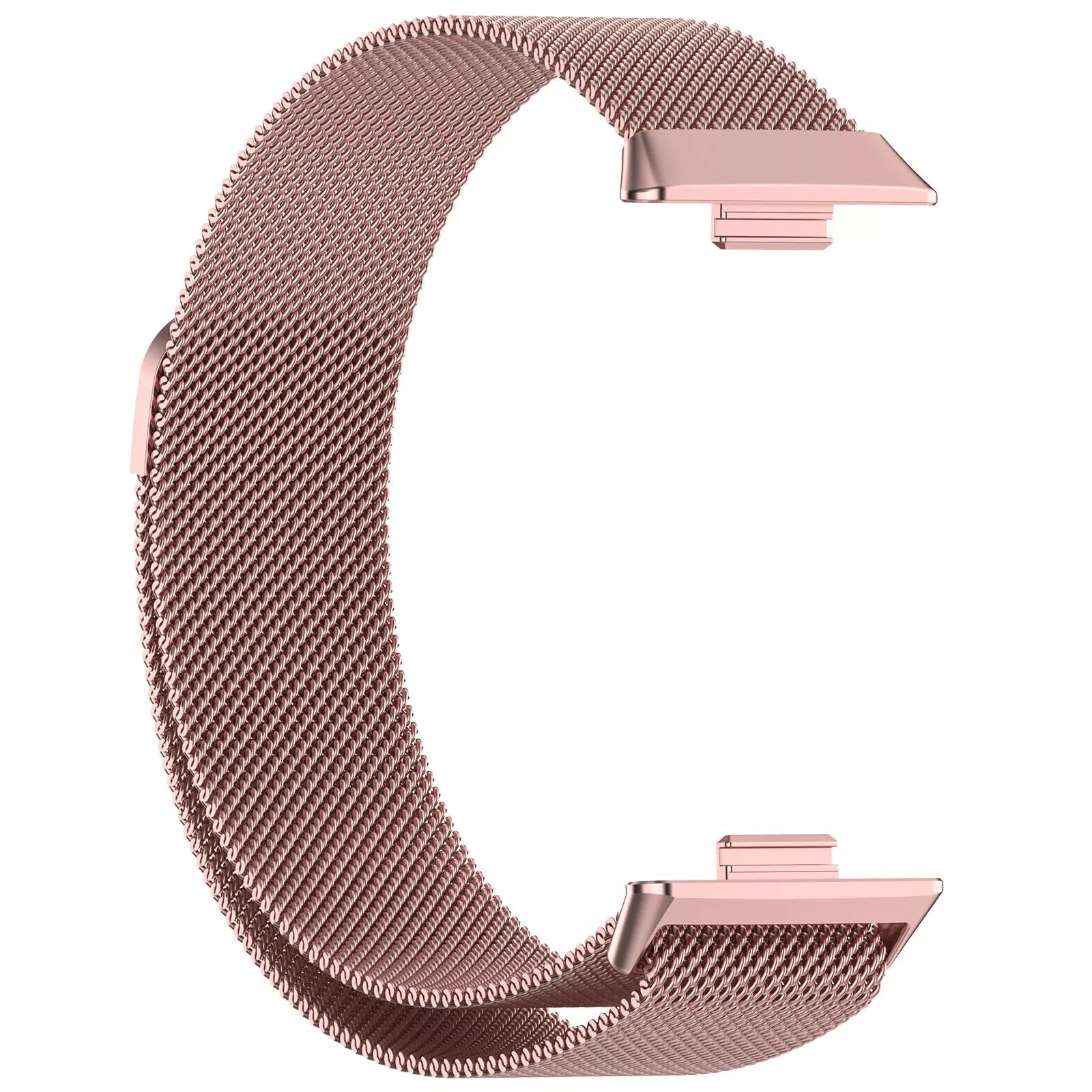 Ein roségoldenes Uhrenarmband aus gewebtem Metallgeflecht wird vor einem weißen Hintergrund angezeigt. Es hat zwei Verschlüsse.
