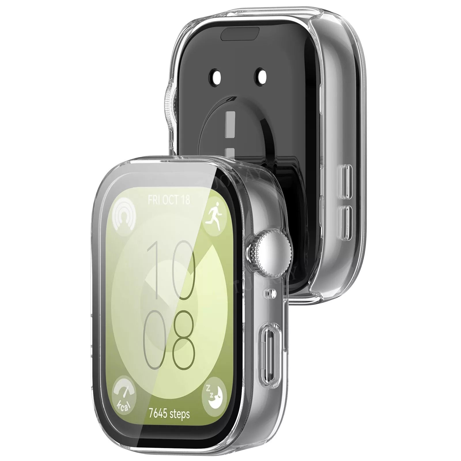Eine transparente Schutzhülle für eine Smartwatch, deren Bildschirm Zeit, Datum und Schritte anzeigt. Eine andere Hülle befindet sich dahinter.