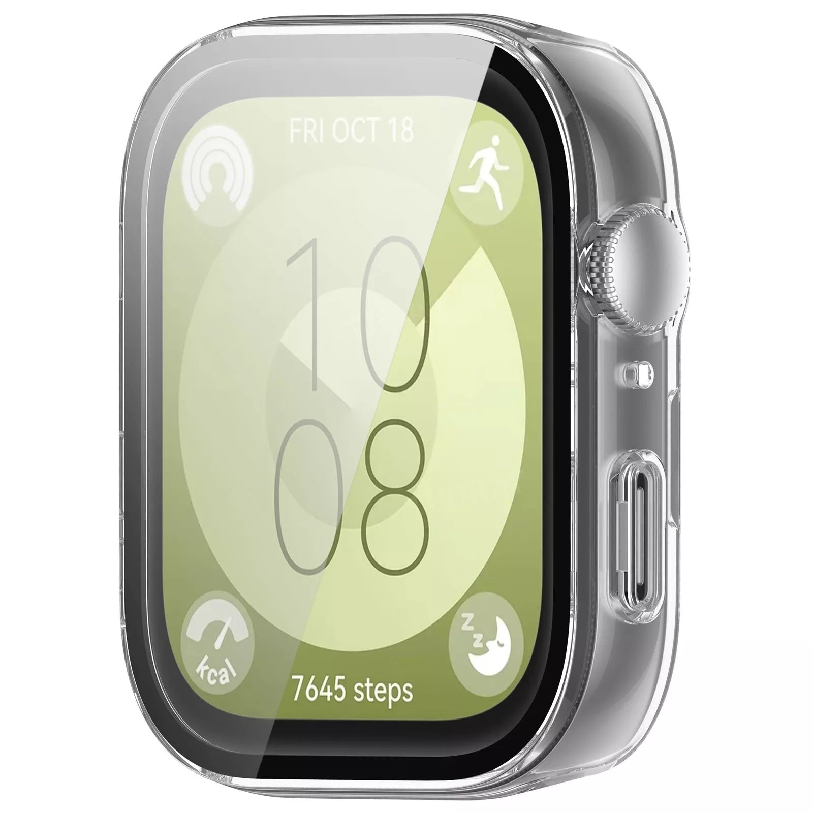 Ein Smartwatch-Bildschirm mit einer transparenten Schutzhülle zeigt Datum, Uhrzeit, Schrittzahl und Symbole für Aktivitäten und Gesundheit.