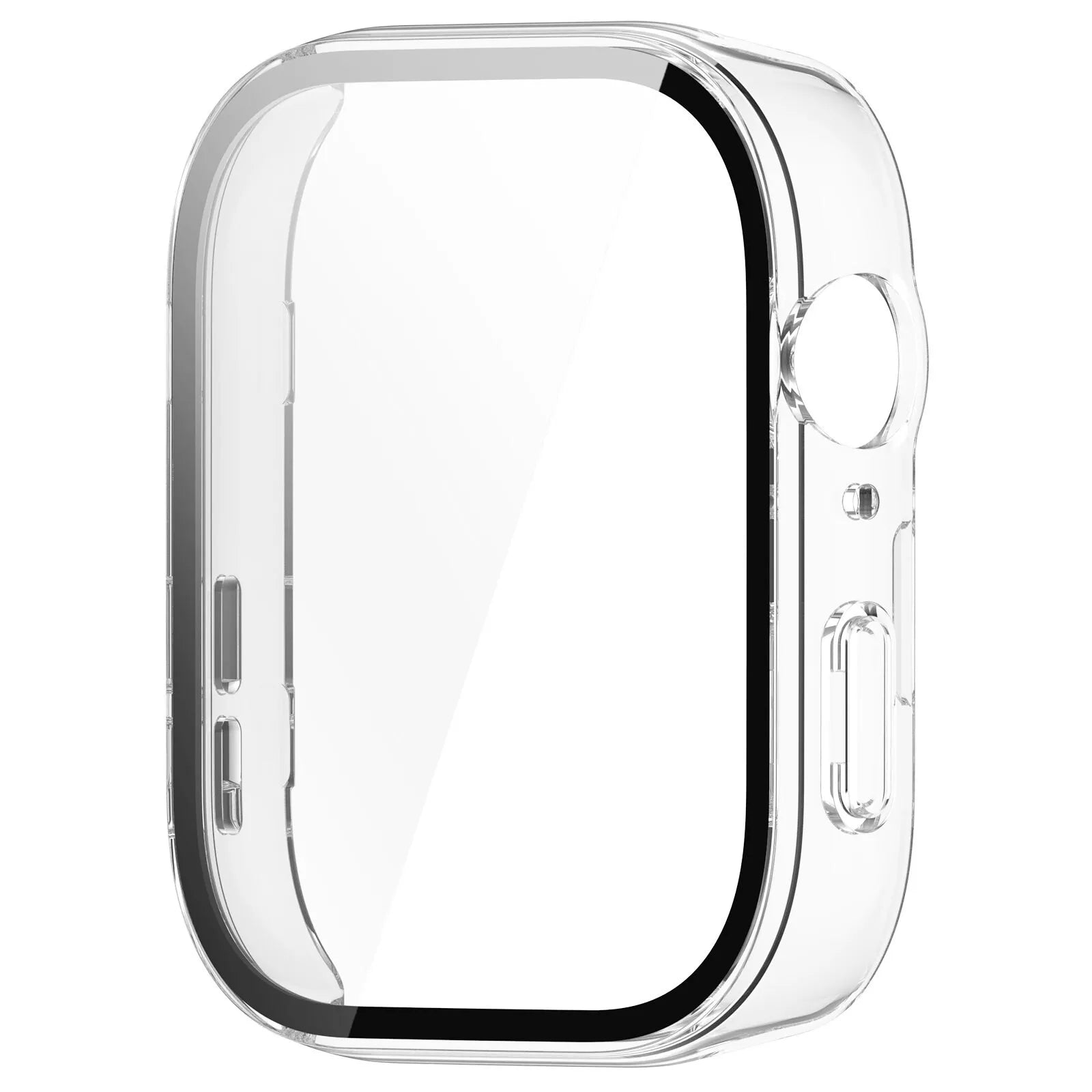 Eine transparente Schutzhülle für eine Smartwatch. Sie ist transparent mit schwarzem Rand und hat Aussparungen.