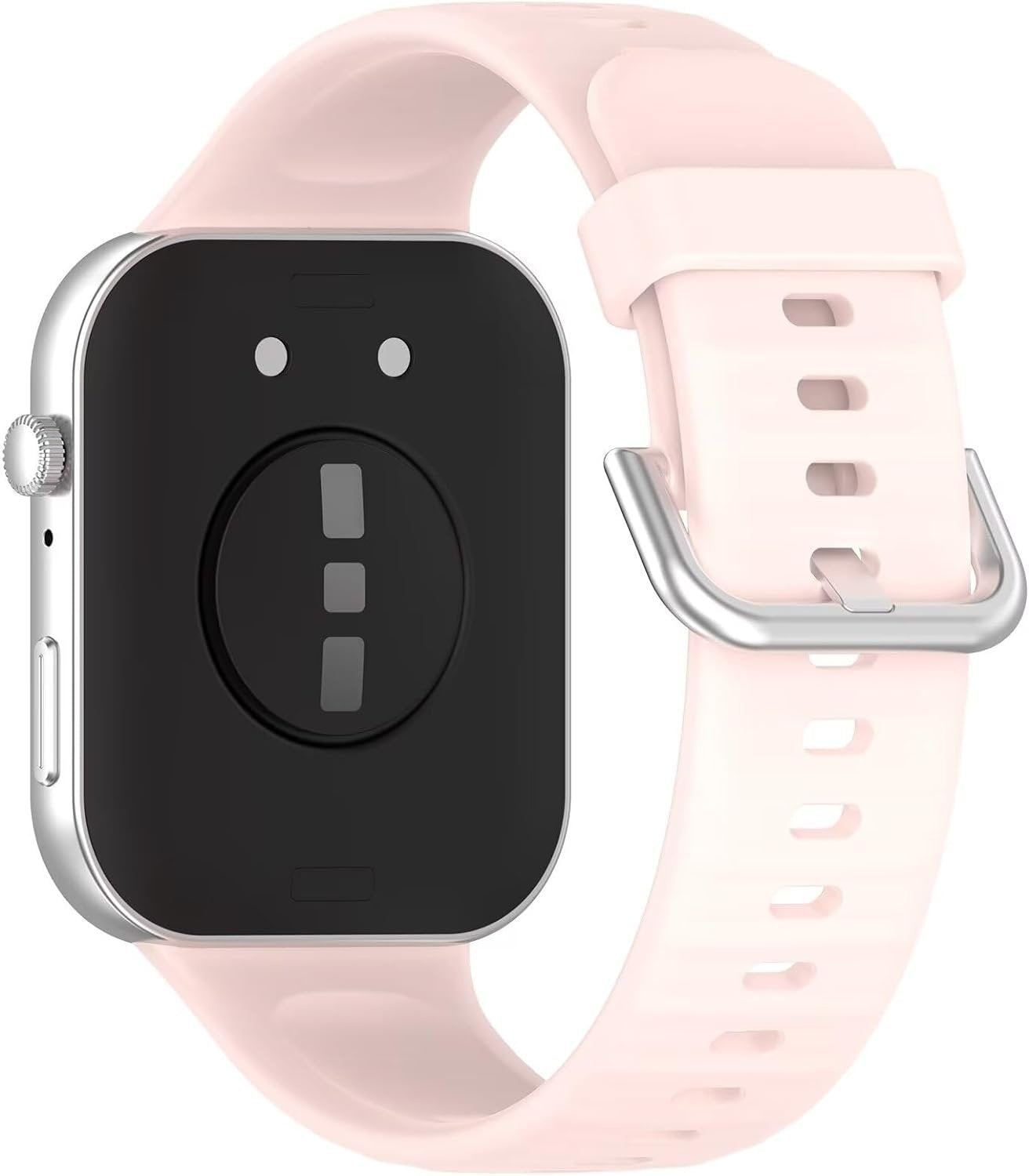 Eine Smartwatch mit silbernem Gehäuse und rosa Armband. Das Zifferblatt ist schwarz mit zwei weißen Punkten und einem grauen Symbol.