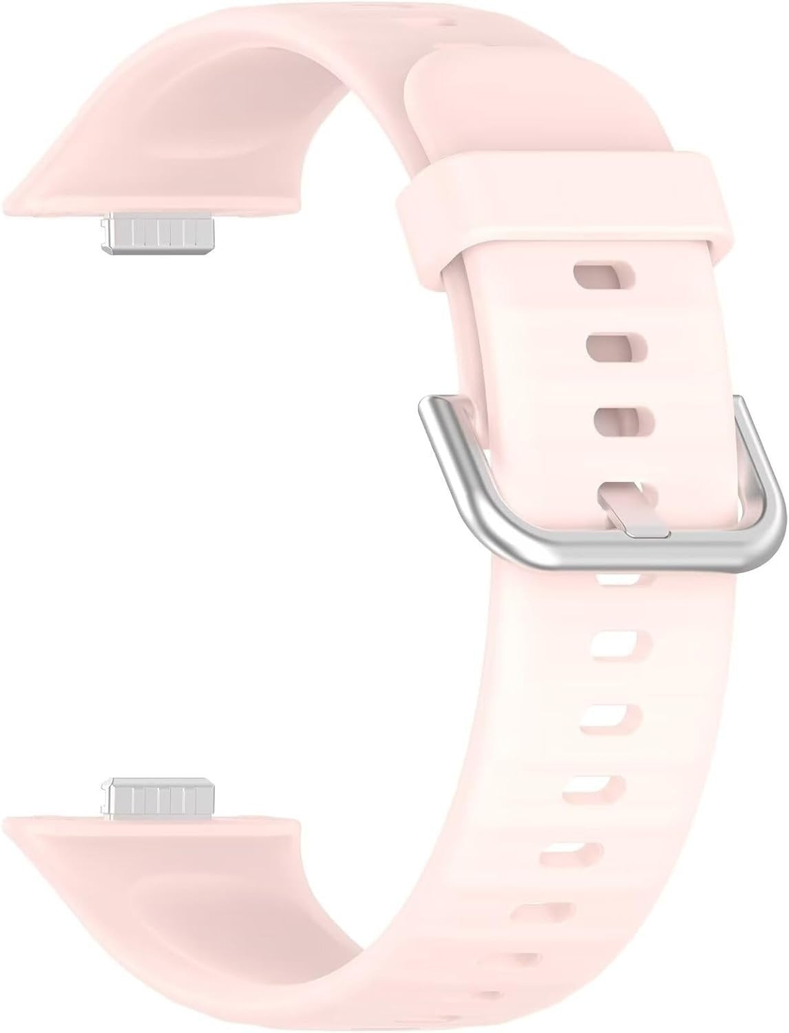 Ein hellrosa Uhrenarmband mit silberner Schnalle und Anschlüssen. Das Band hat Löcher zur Einstellung.