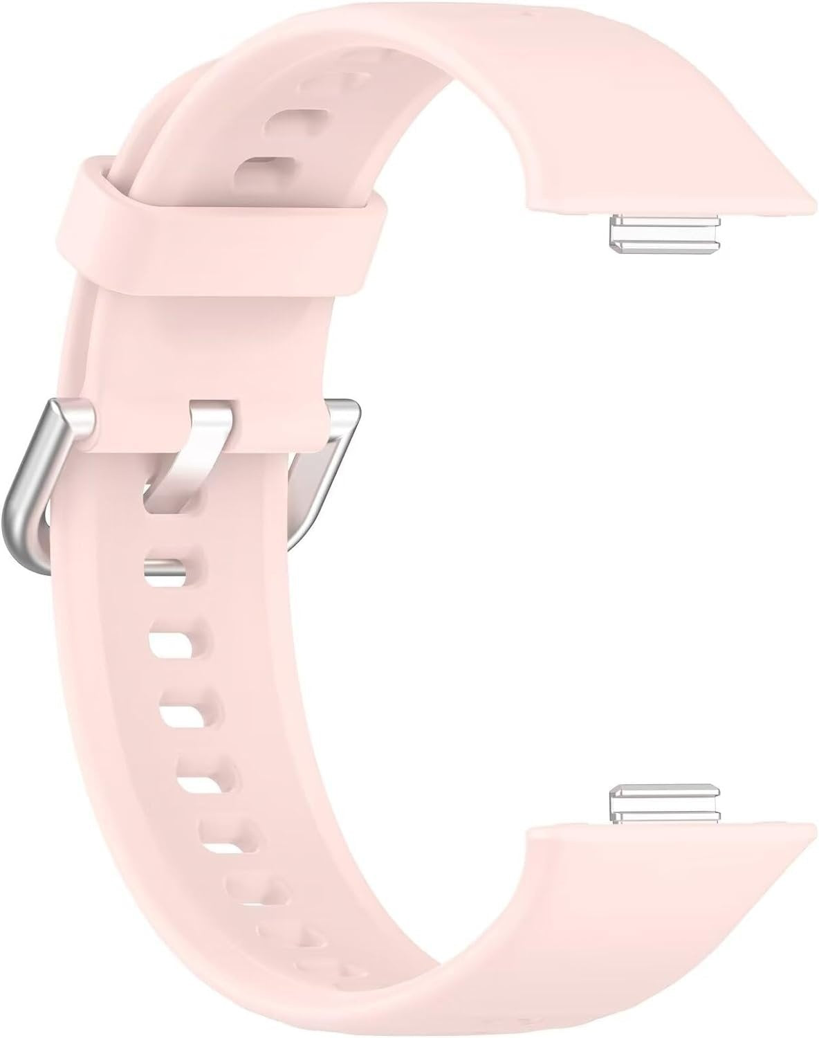 Ein hellrosa Silikon-Uhrenarmband mit silberner Metallschnalle und -stiften. Das Band hat Löcher zur Anpassung. Isoliert auf Weiß.