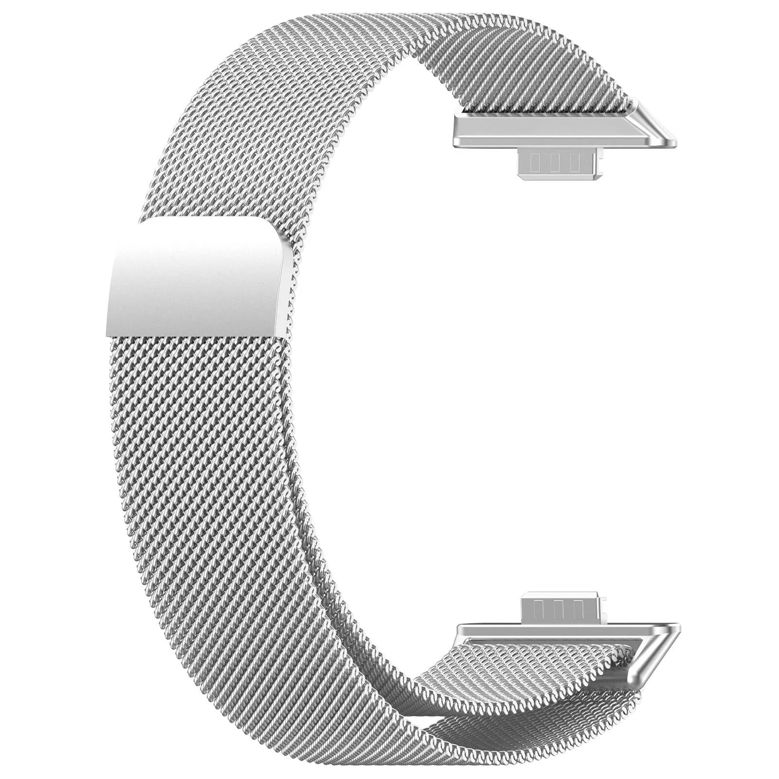 Ein silbernes Uhrenarmband aus Metallgeflecht. Das Band ist C-förmig gebogen. Die Enden haben Anschlüsse.